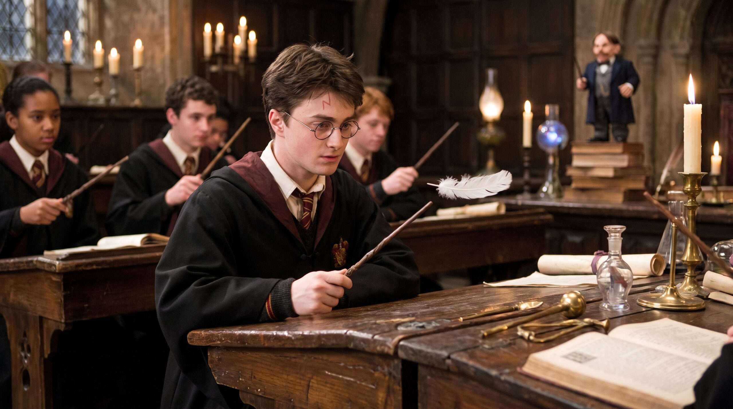 Harry Potter in a Hogwarts classroom holding his wand precisely, illustrating the school's focus on tool-dependent magic.