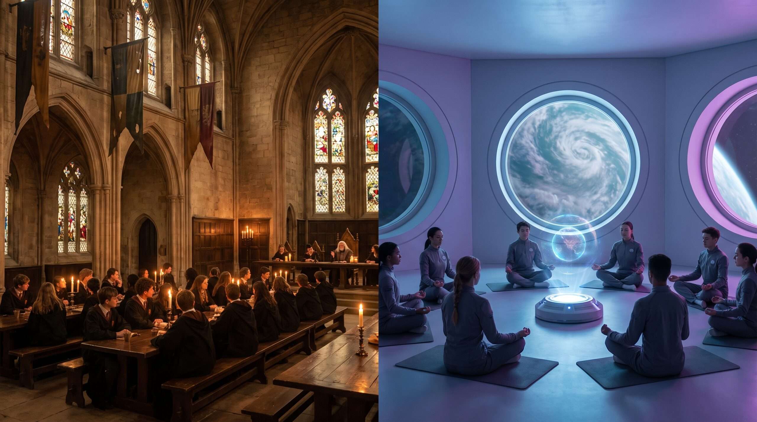A side-by-side comparison illustrating a warm, candlelit classroom inside Hogwarts castle next to a cool, minimalist Jedi Academy training room.