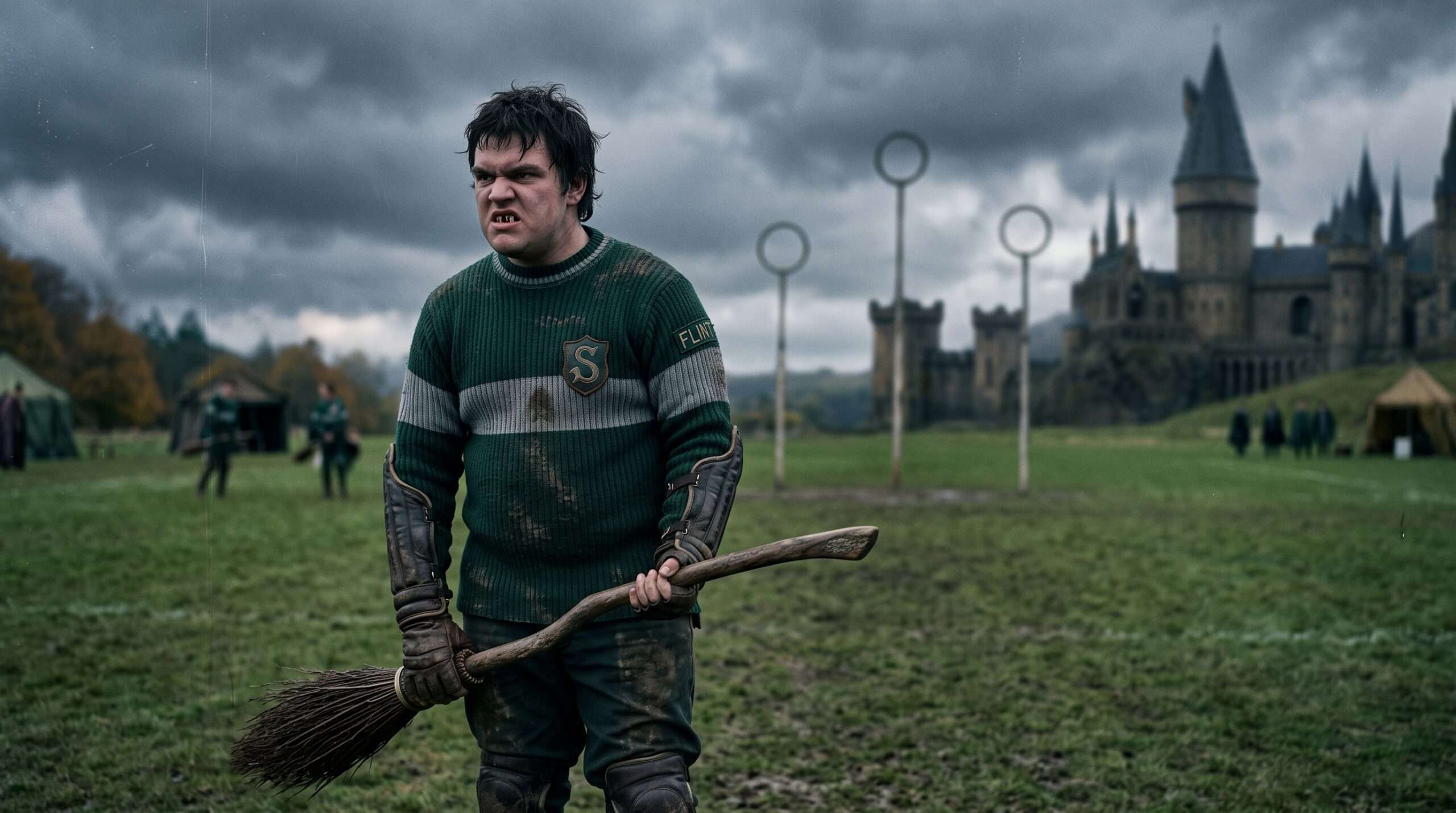 Marcus Flint, Slytherin Quidditch Captain, holding a broomstick and glaring aggressively on the pitch at Hogwarts.