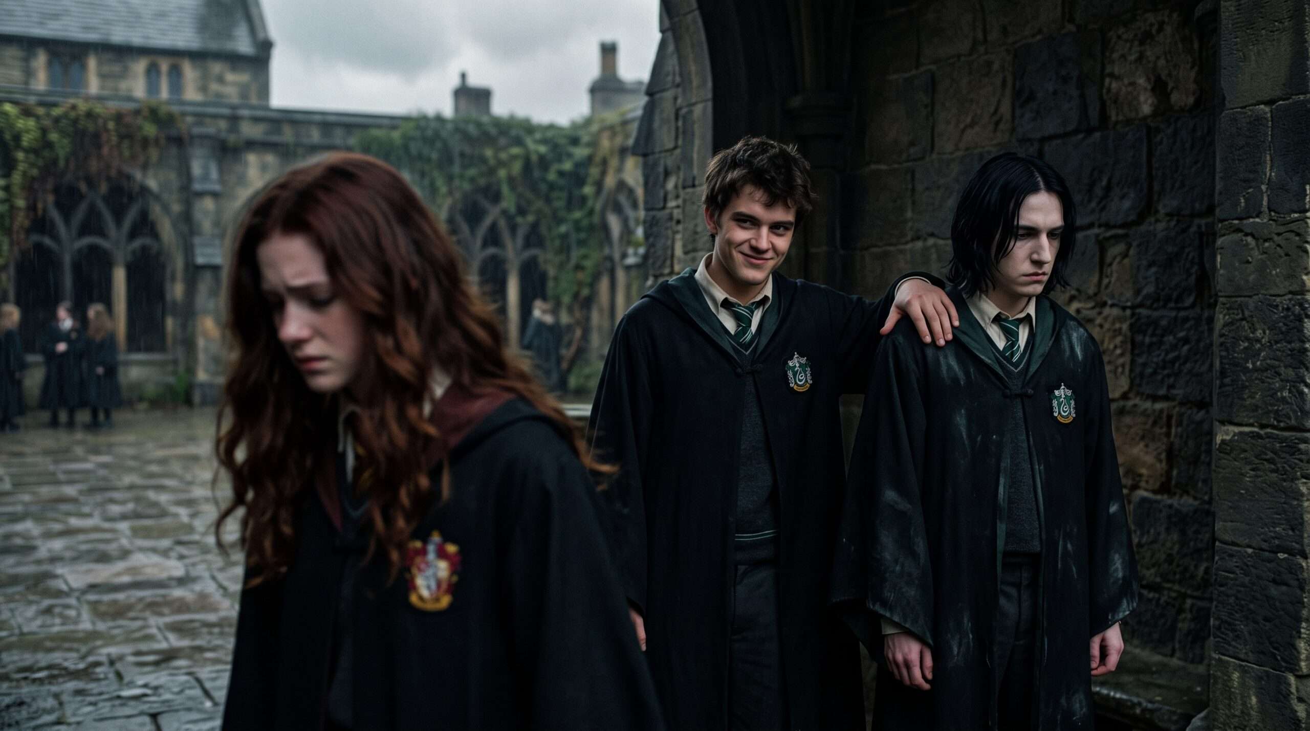 Depiction of Mulciber influencing Severus Snape in a Hogwarts courtyard, away from Lily Evans.