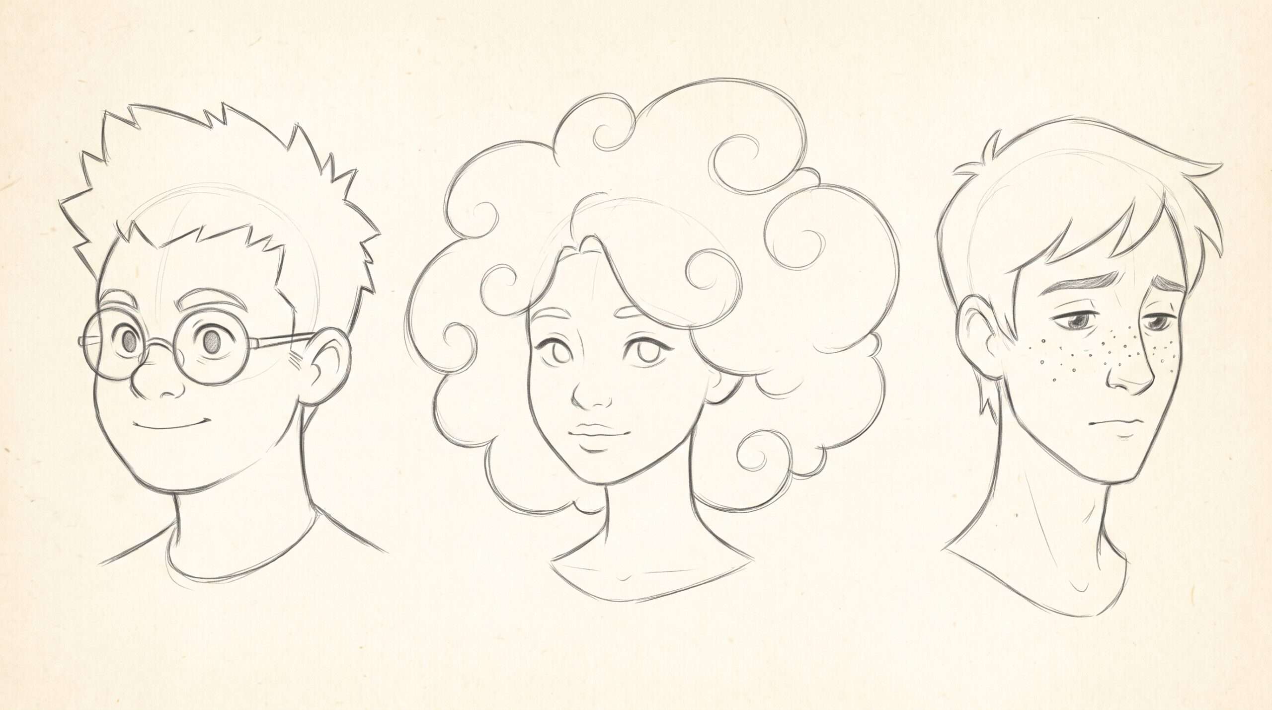Clean pencil line art portraits showing facial structure comparison for Harry Potter, Hermione Granger, and Ron Weasley side-by-side.