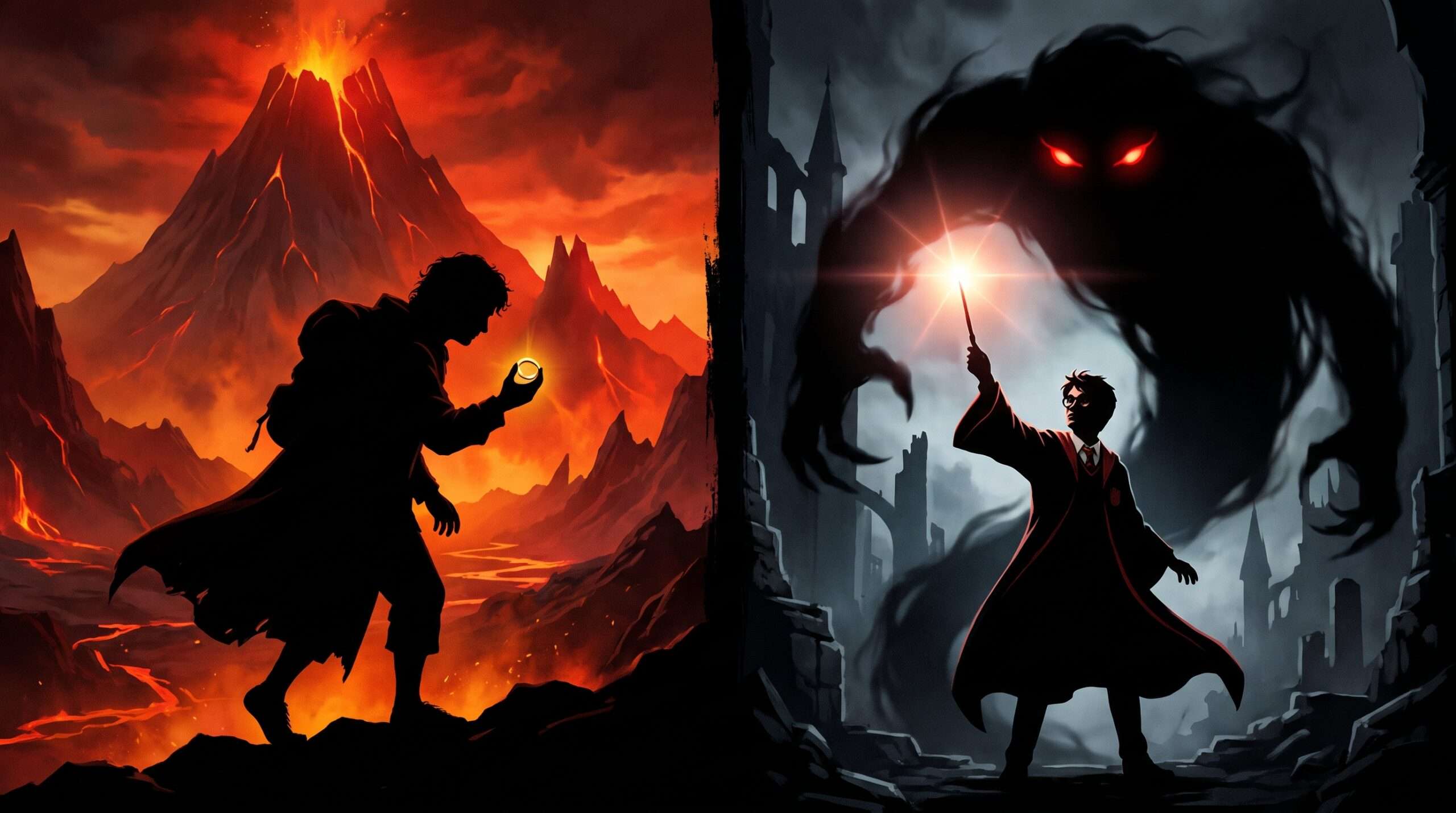 Silhouettes of a hero holding a glowing ring facing a fiery volcano and a hero raising a wand to fight a dark shadowy figure.