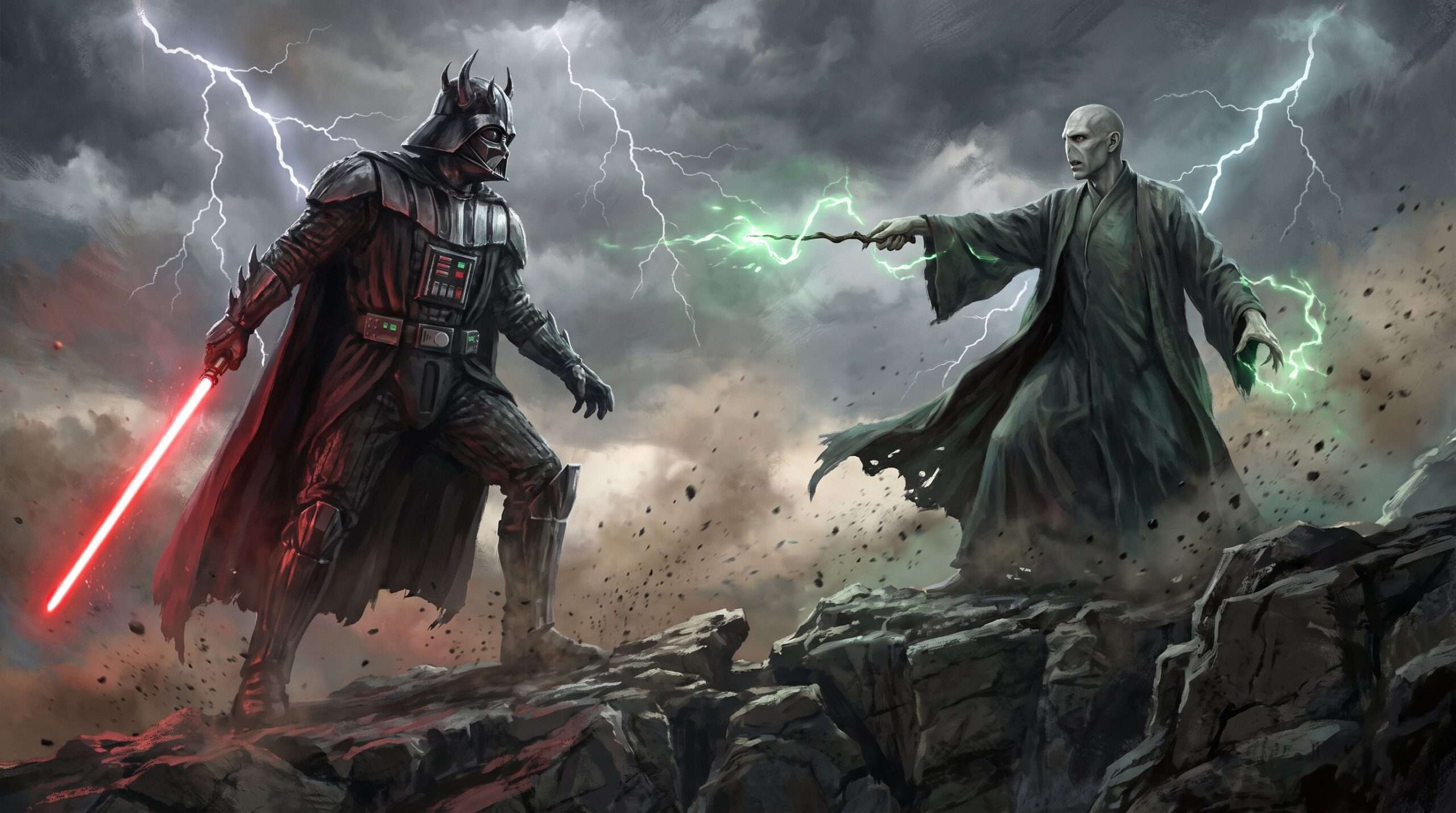 A dramatic face-off between a Darth Vader figure holding a red lightsaber and a Voldemort figure holding a green energy wand.