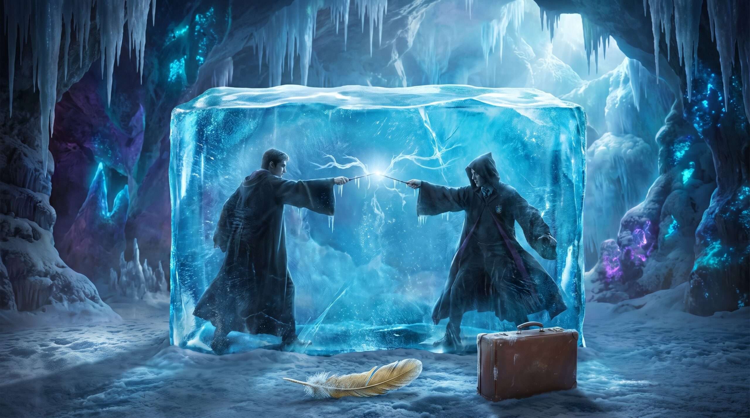 Two generic wizard figures froze in ancient blue ice during a duel, with an abandoned magical suitcase and items frosted at their feet, representing the indefinite pause on the Fantastic Beasts films.