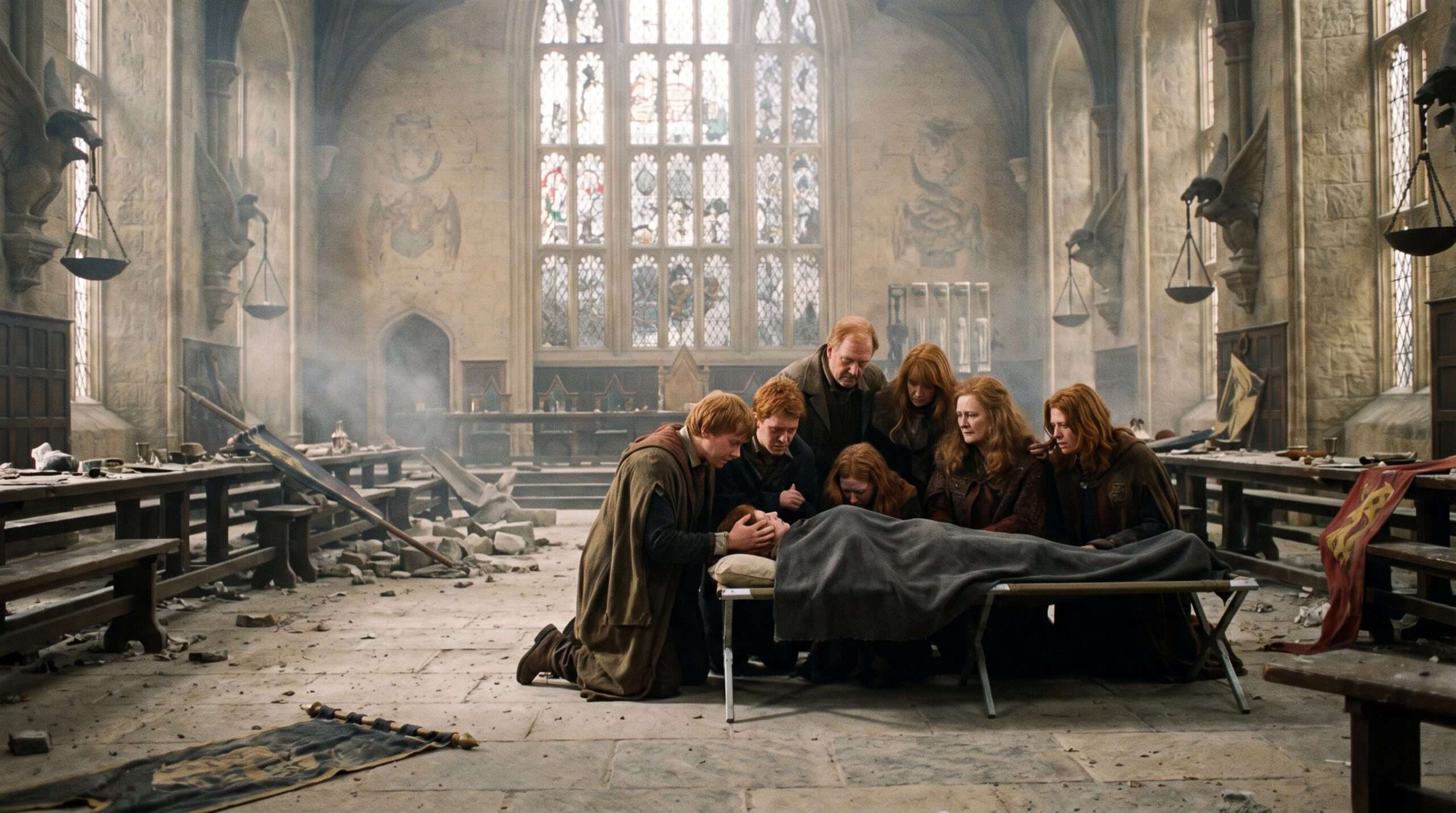 The Weasley family mourning Fred Weasley in the Hogwarts Great Hall.