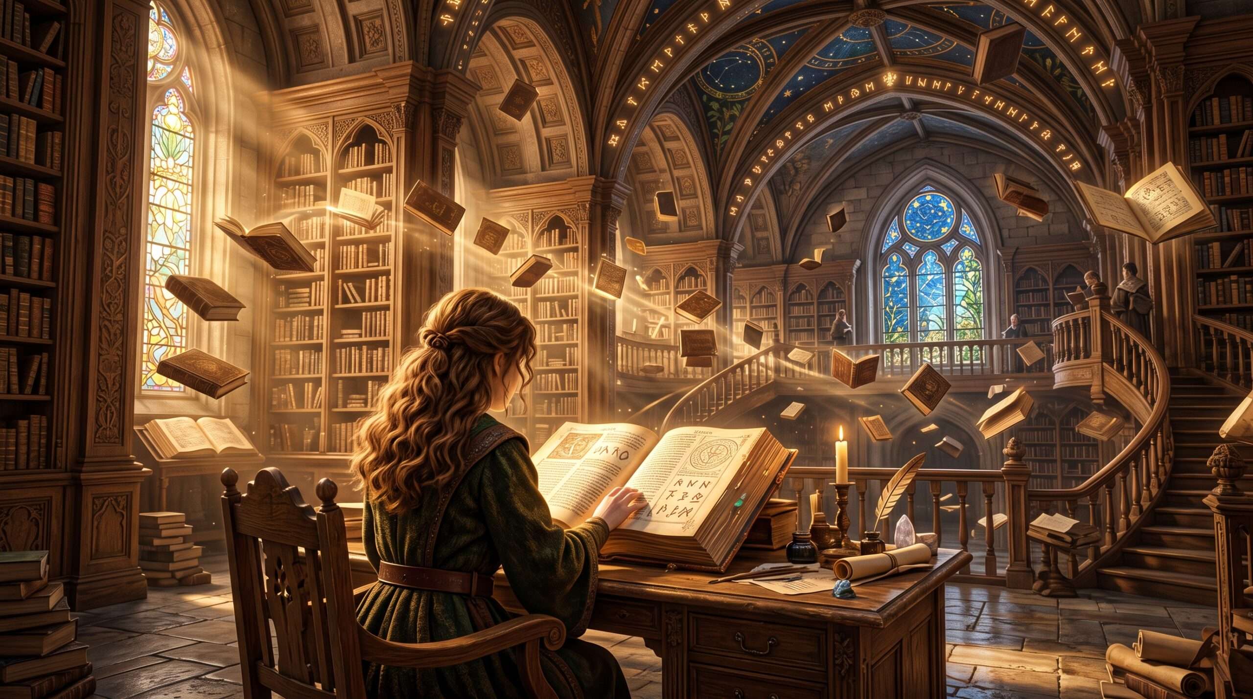 A dedicated witch studying for her N.E.W.T. Harry Potter exams in the magical Hogwarts library.