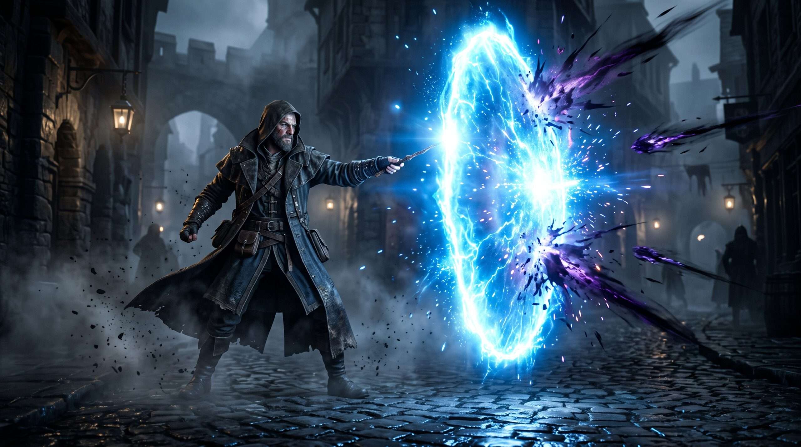 A Ministry of Magic Auror casting a powerful shield charm during a magical duel.