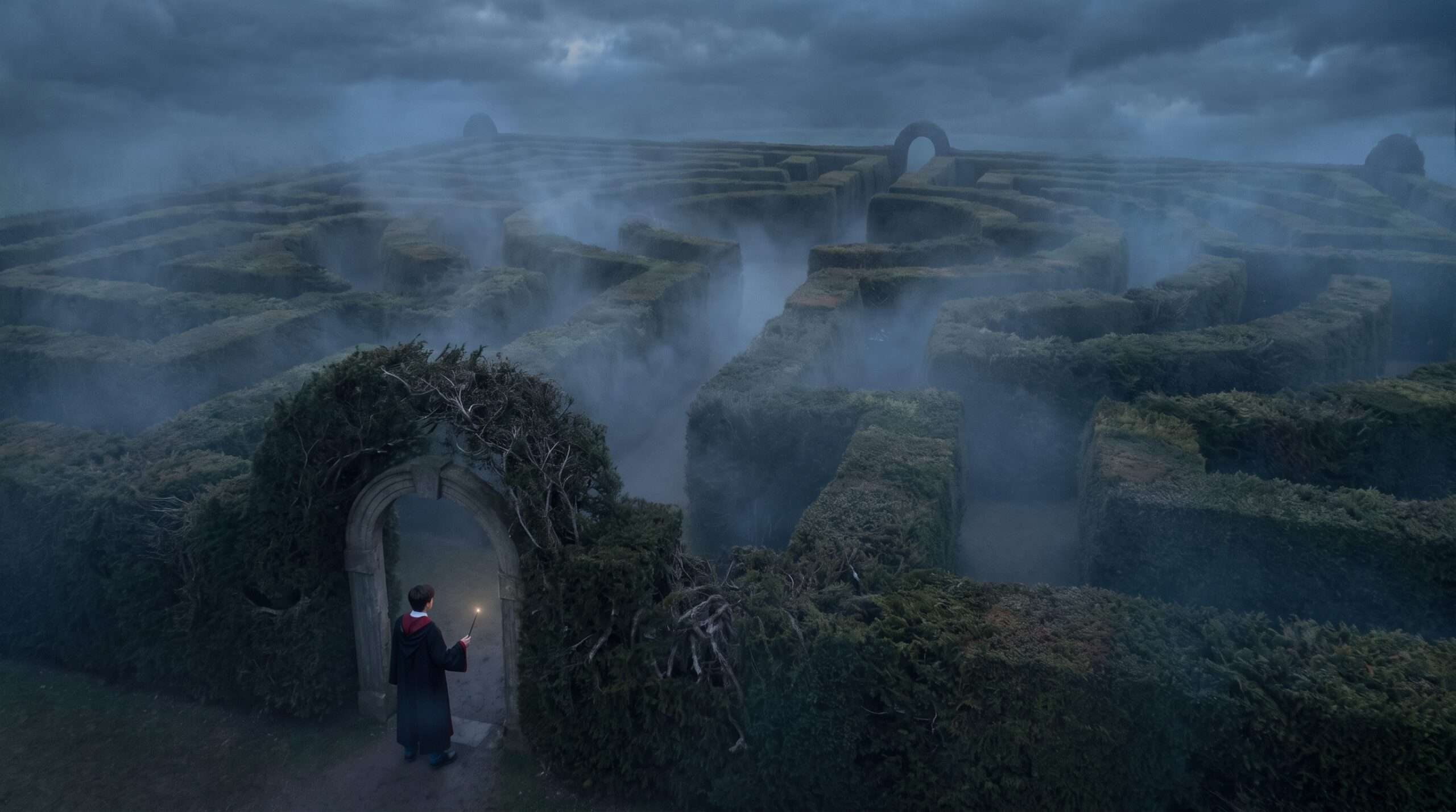 Cinematic shot of a wizard entering the dark and misty Triwizard Tournament maze at dusk.