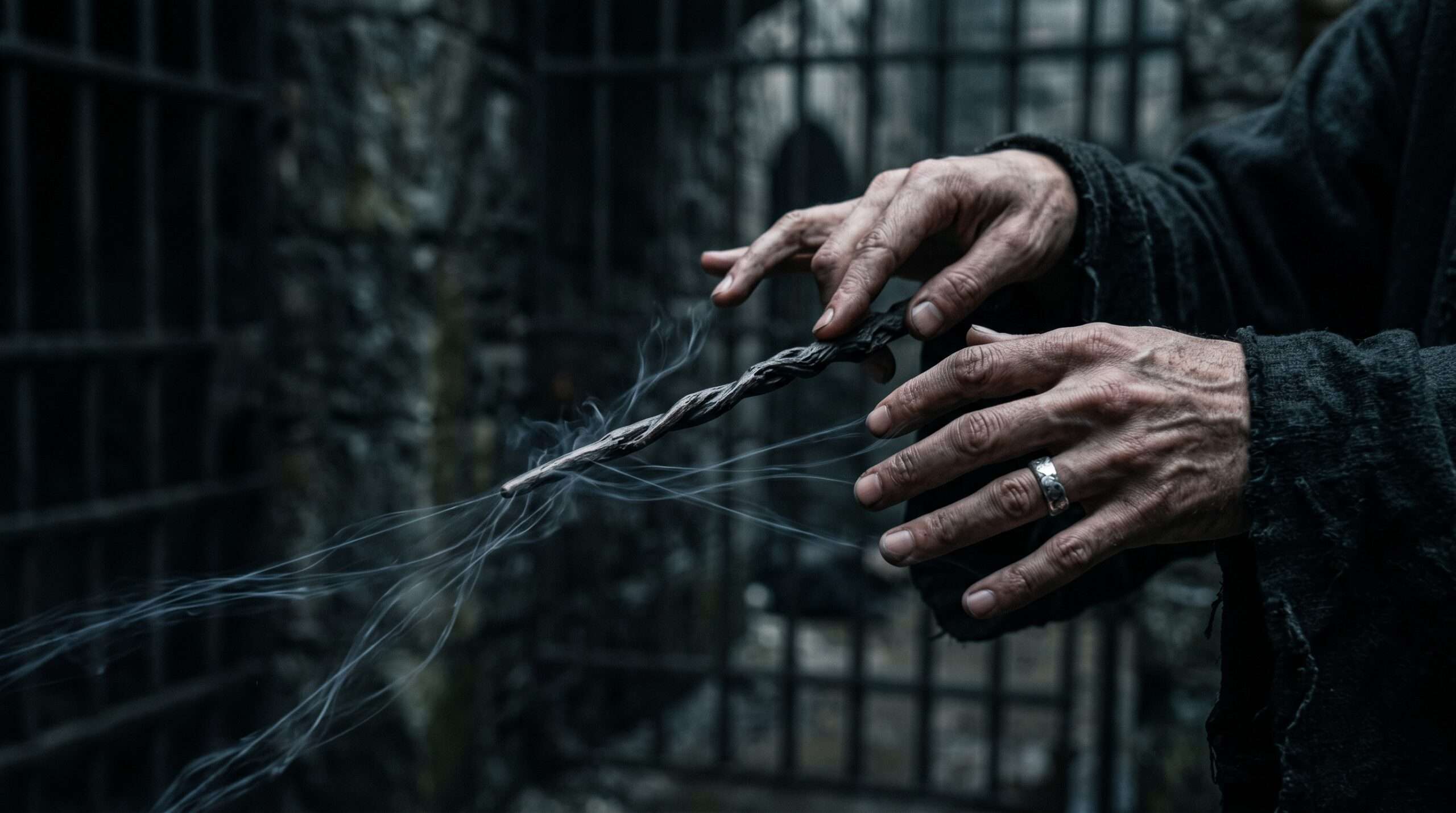 Close-up of a dark wizard using the Imperius Curse to exert mind control.