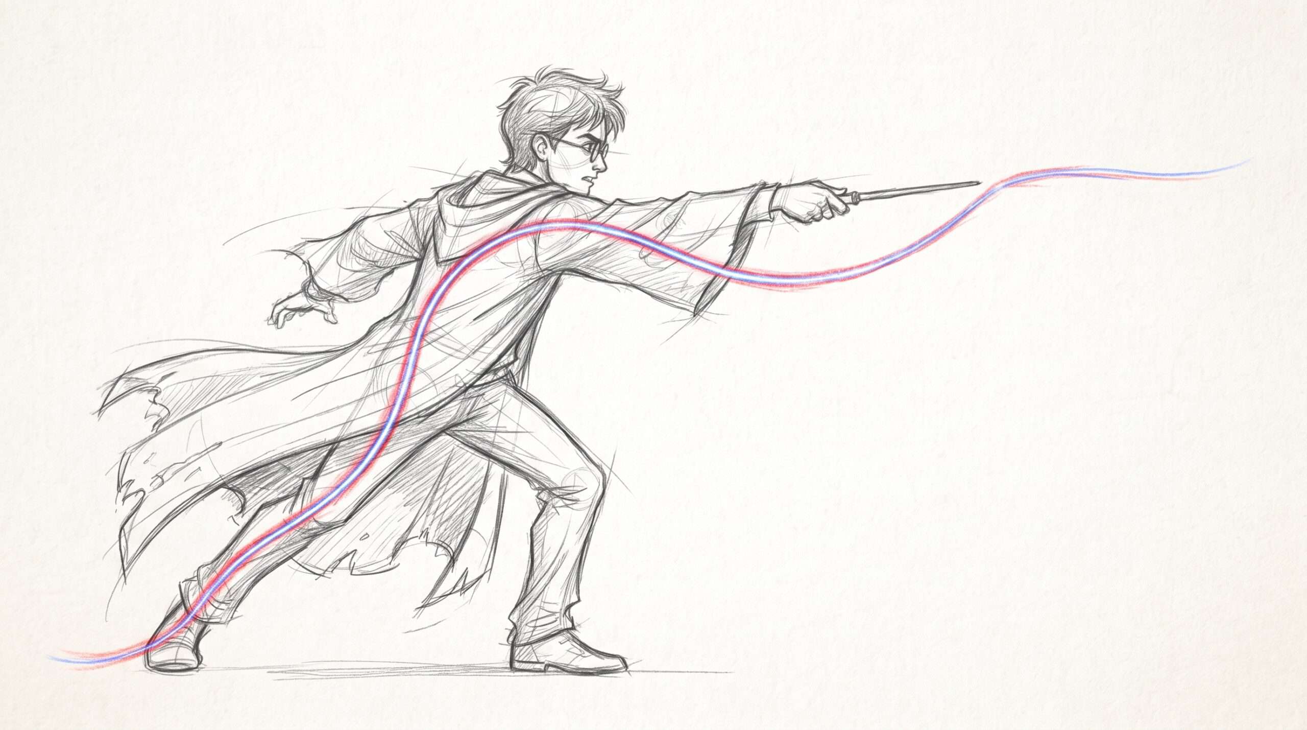 Dynamic action pose pencil sketch of a wizard dueling, highlighting the "line of action" kinetic flow from foot to wand.