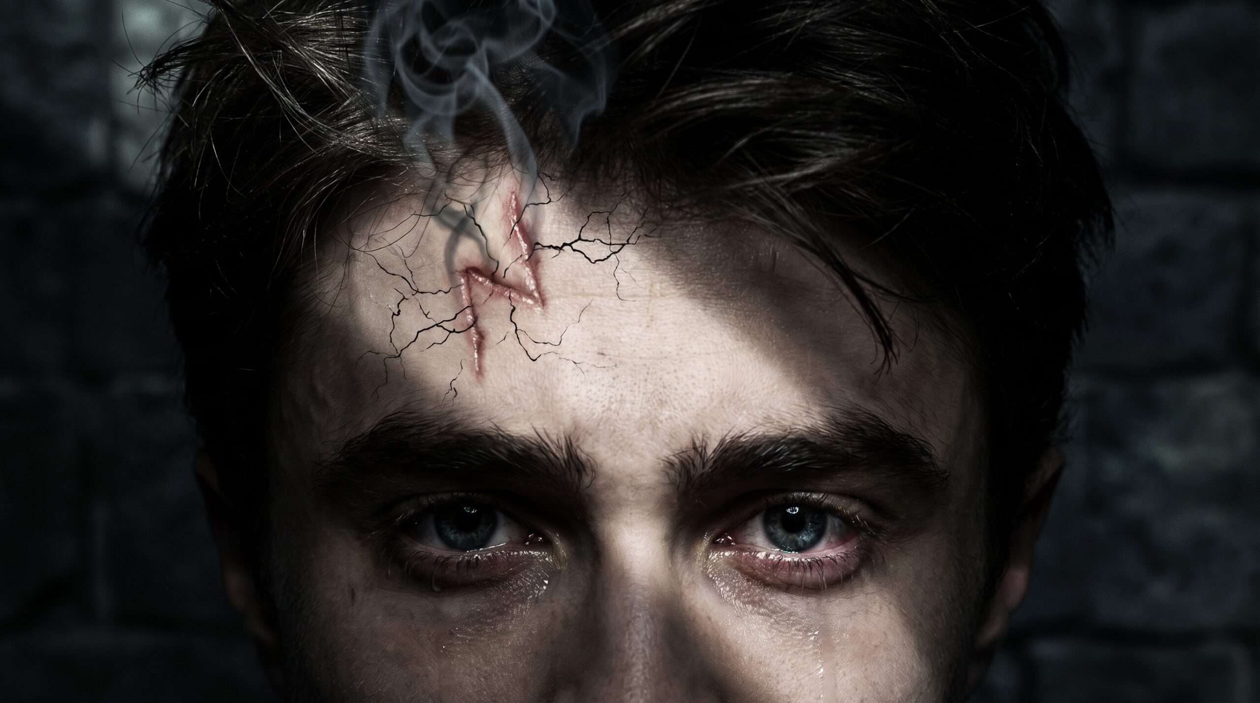 Close-up of Harry Potter's lightning-bolt scar with dark magical wisps leaking out, illustrating a living Horcrux.