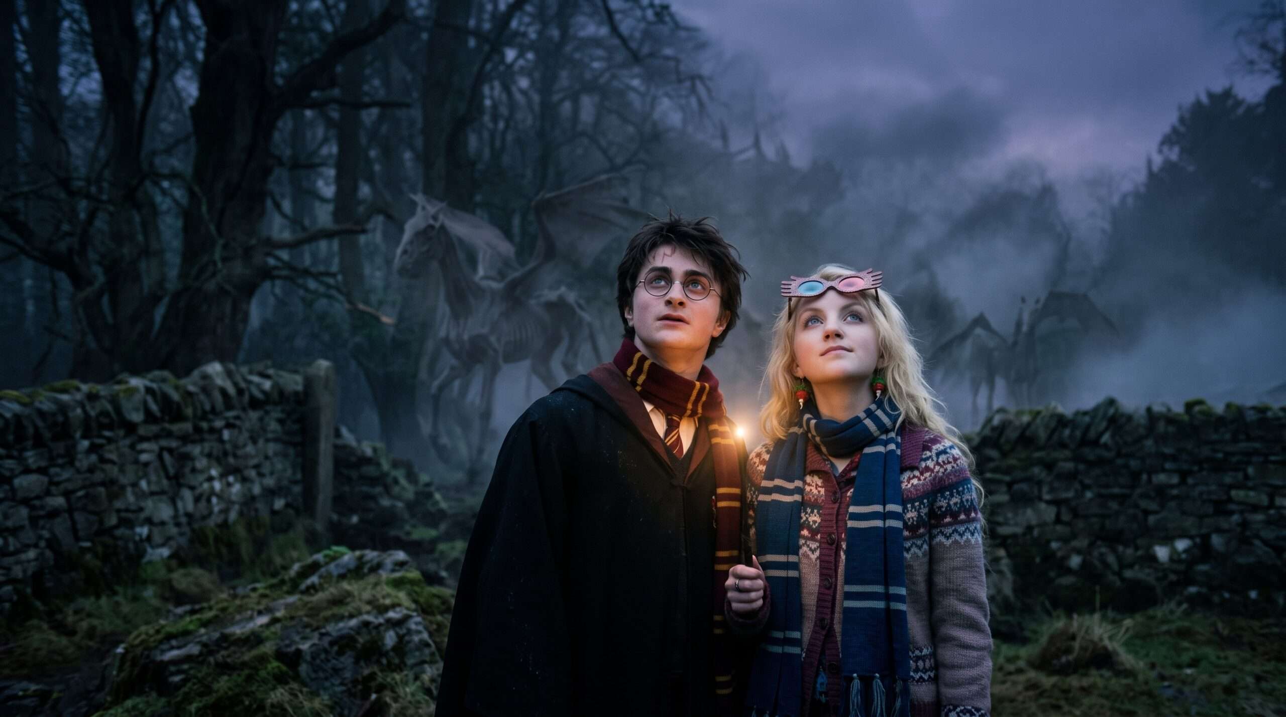 Harry Potter and Luna Lovegood sharing a vision of a Thestral, symbolizing shared understanding and validating uniqueness.