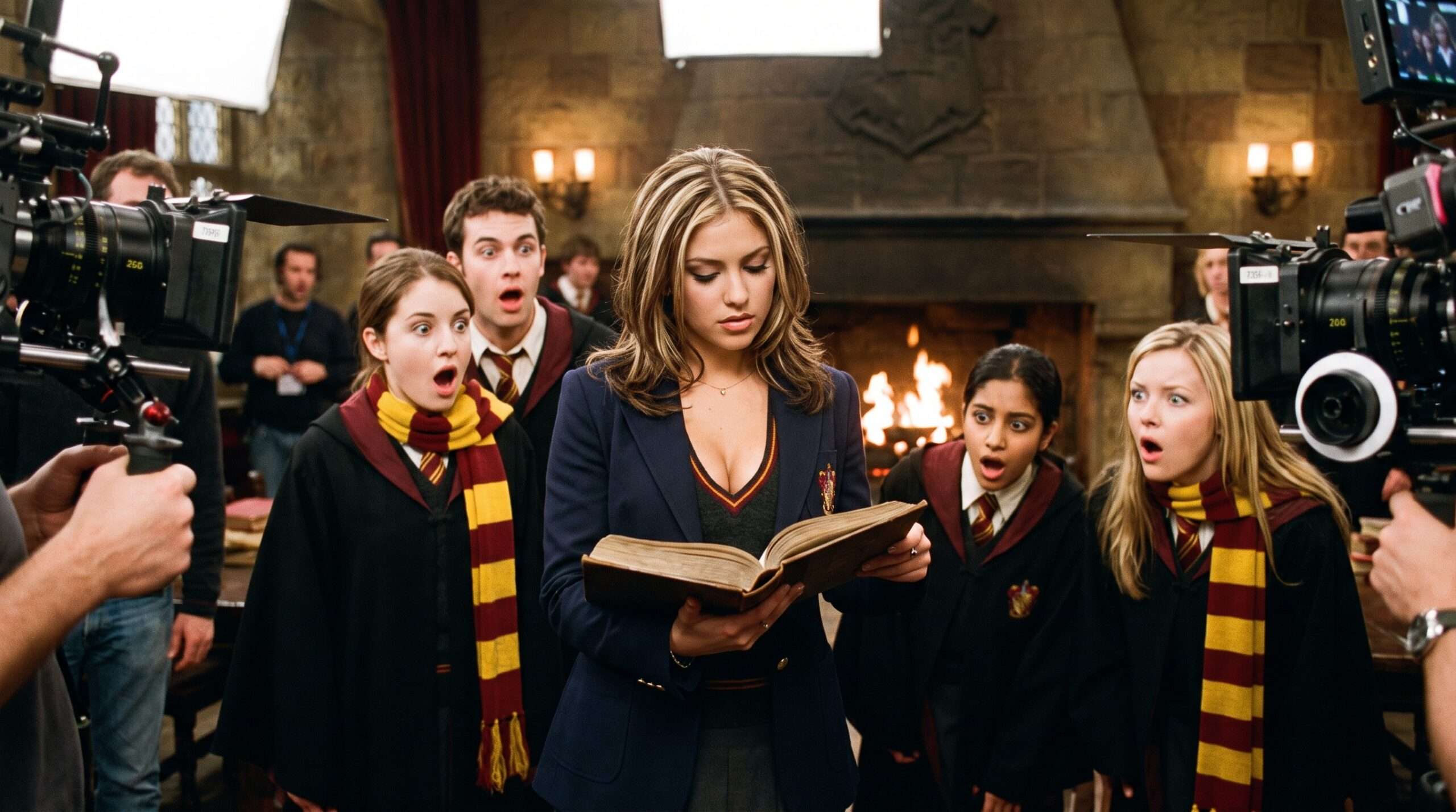 Lindsay Lohan as the transformed Hermione Granger standing in the Gryffindor common room on the SNL stage, surrounded by distracted male Hogwarts students.