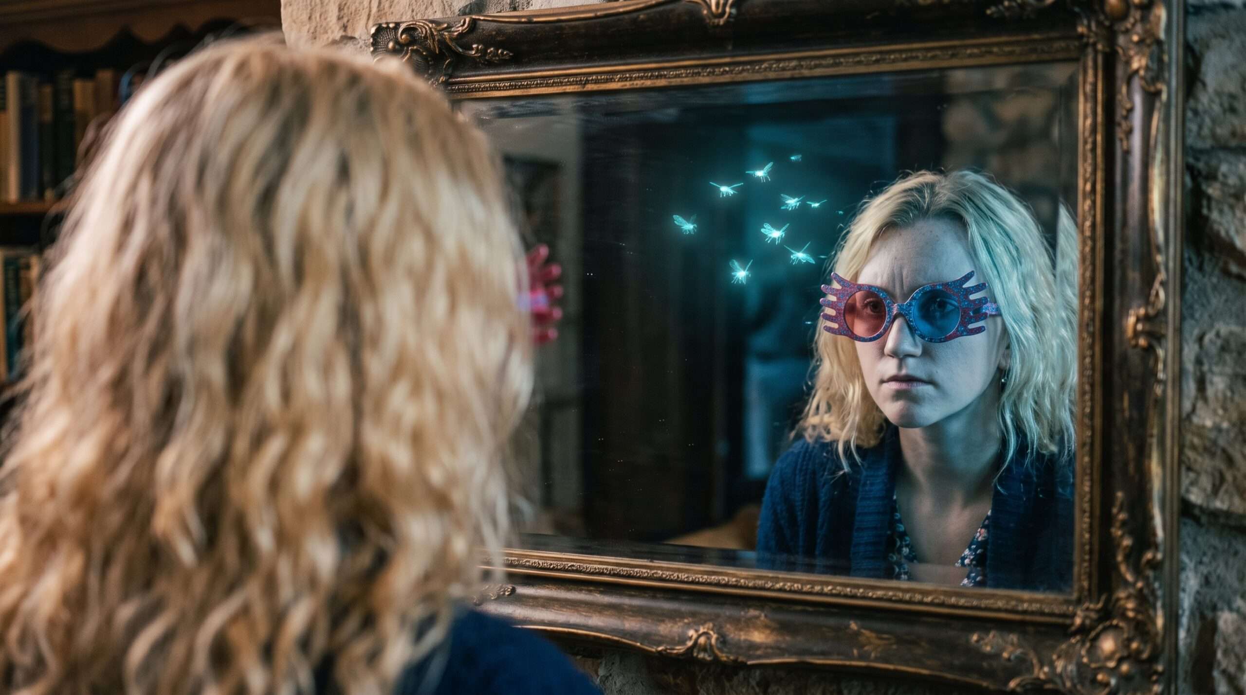 A young witch wearing Spectrespecs analyzing her reflection to see floating light specks representing anxious thoughts (Wrackspurts).