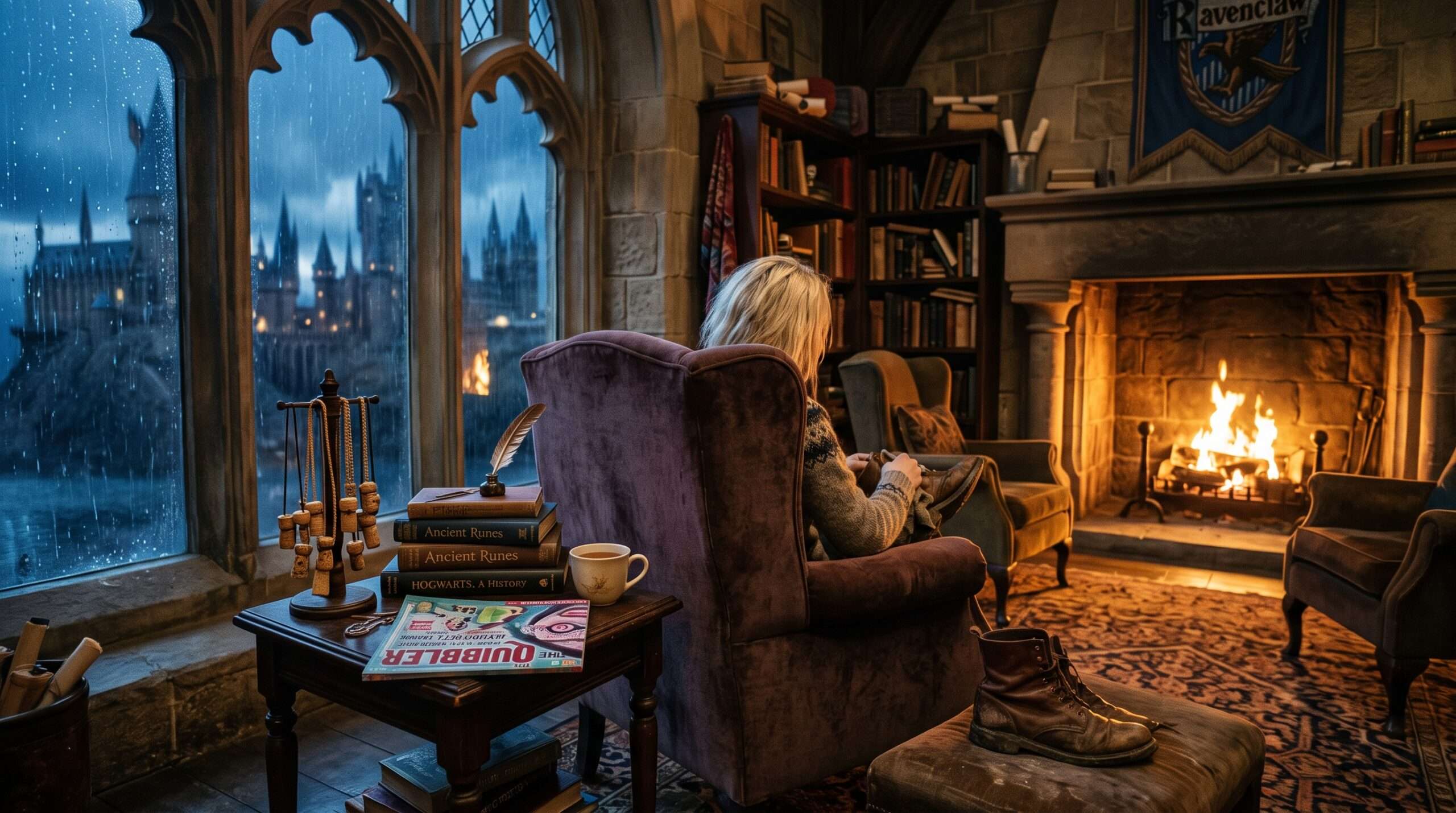 A calm Ravenclaw common room with Luna Lovegood, illustrating introspection and finding peace after loss.