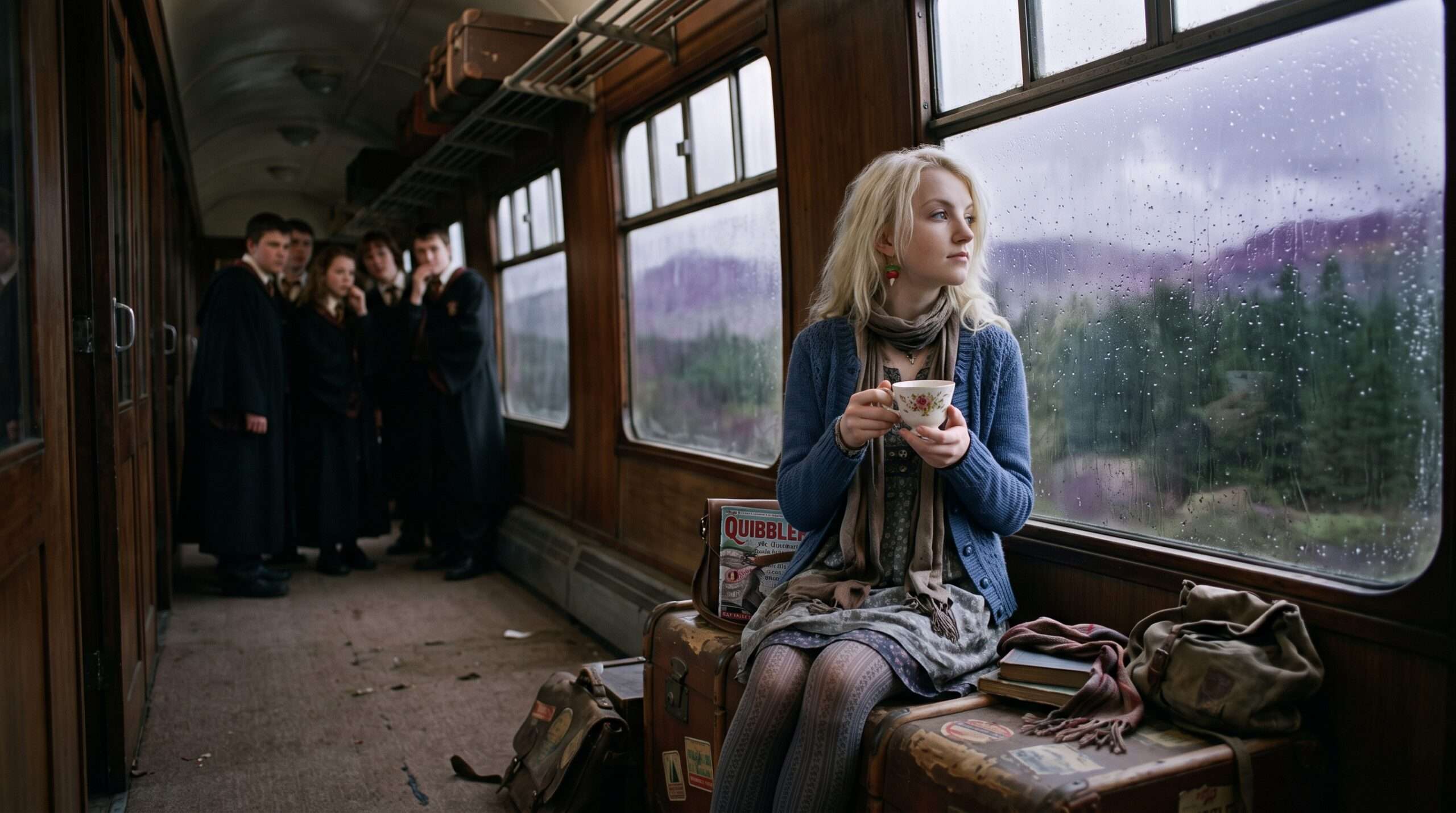 Luna Lovegood sitting alone on the Hogwarts Express, illustrating her resilience and inner peace.