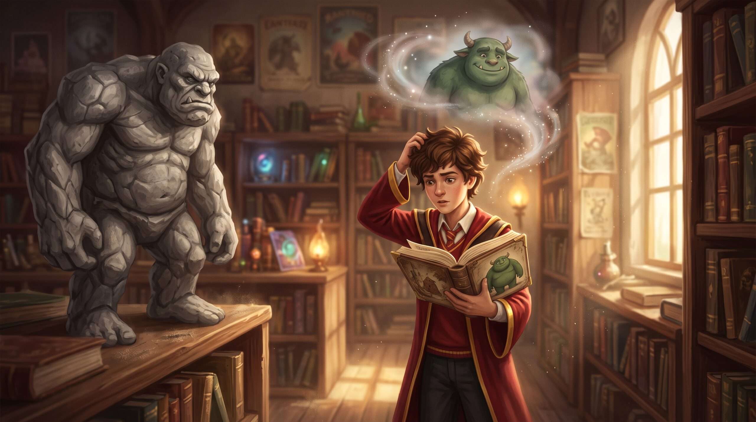 Conceptual image visualizing the common Mandela Effect confusion between an ogre and a troll in fantasy media.