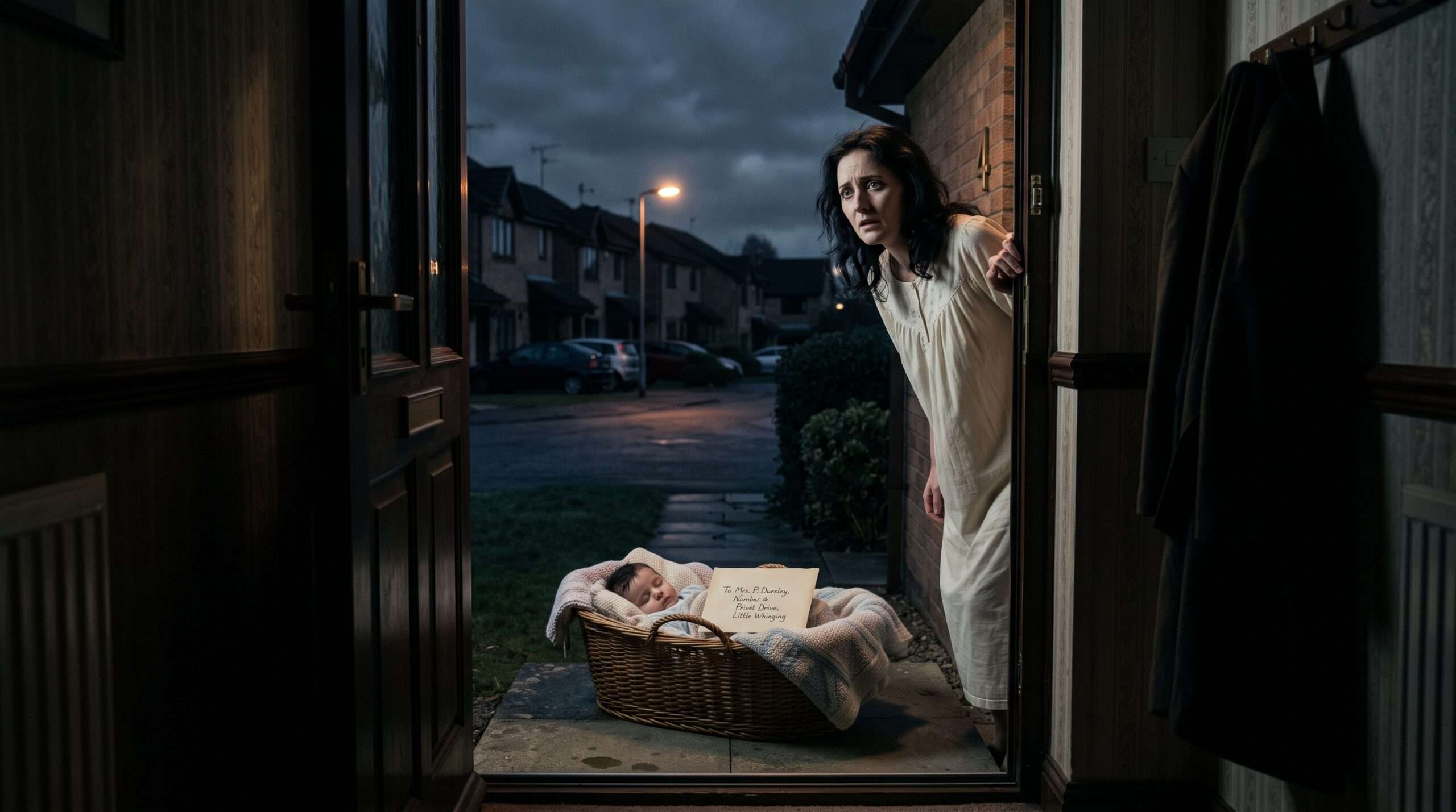 Petunia Dursley discovering baby Harry Potter with Dumbledore's letter on her doorstep.