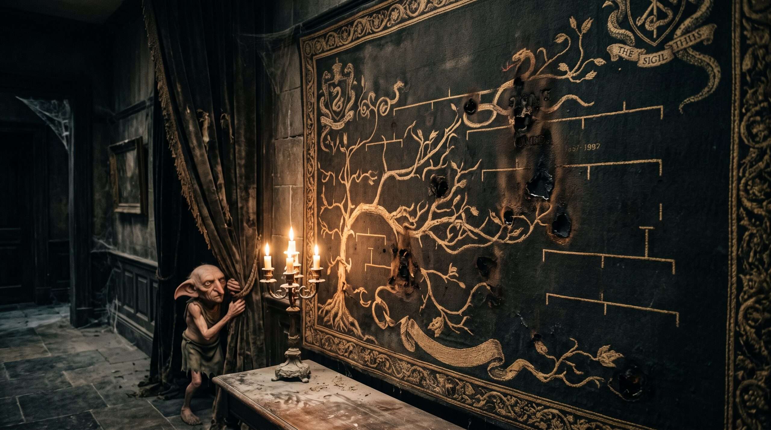Cinematic low-angle still of Kreacher cowering near the Black family tapestry in 12 Grimmauld Place.