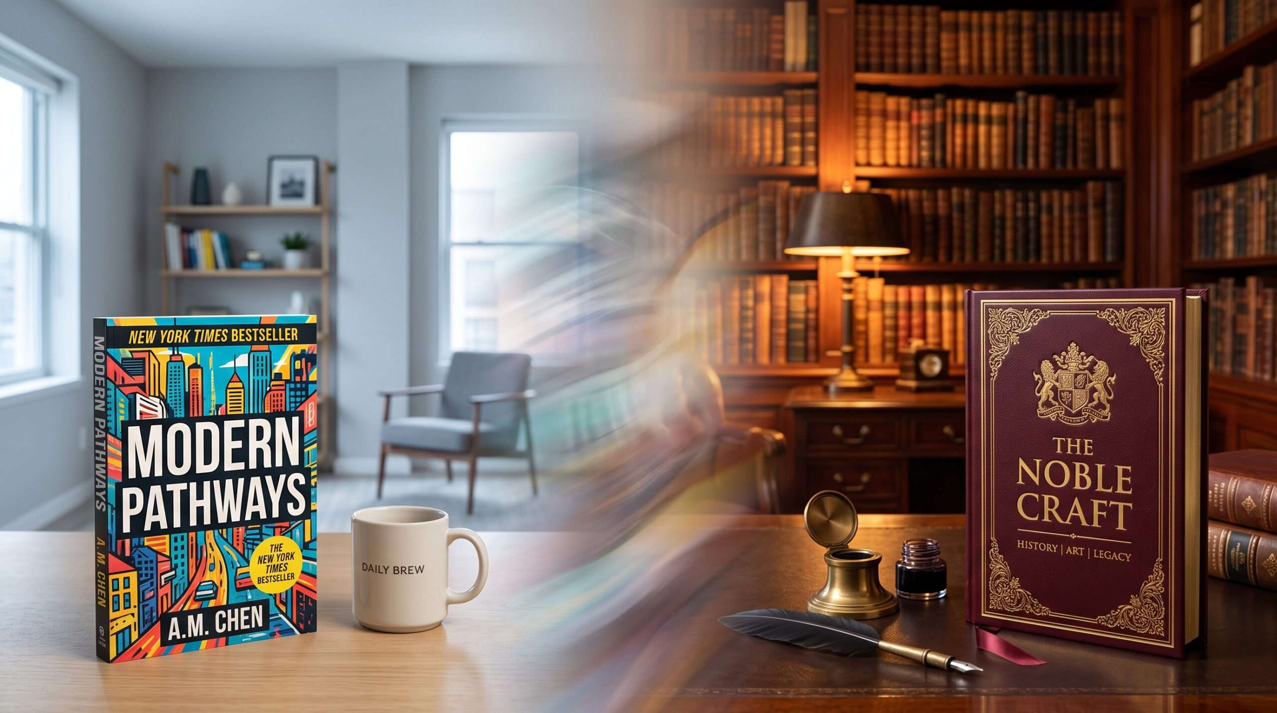 Conceptual image contrasting a plain trade paperback book in a modern room with a luxury leather-bound Easton Press style Harry Potter companion book in a classic library.
