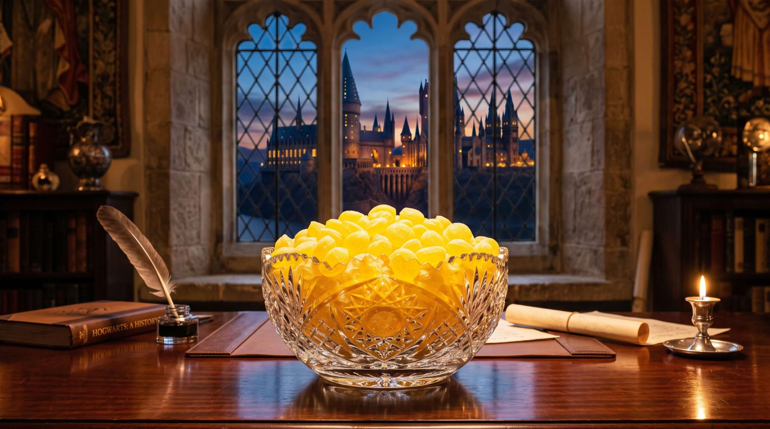 A crystal bowl filled with colorful Sherbet Lemons and sweets in the Hogwarts Headmaster's office.