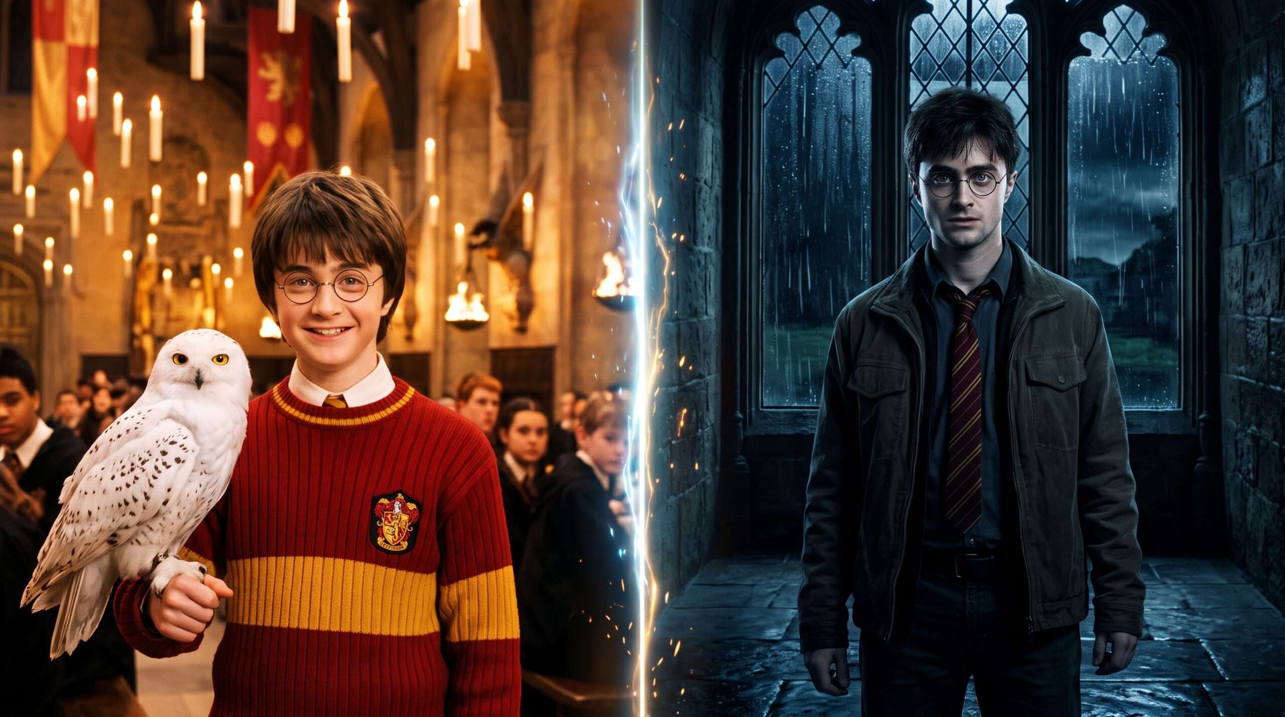 A split visual contrast between young Harry and older Harry, symbolizing how the narrative voice matures with the character.