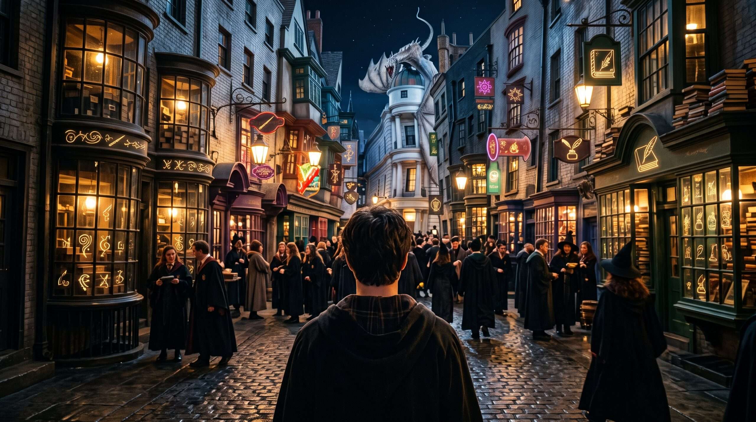 Over-the-shoulder shot of Harry Potter viewing Diagon Alley, demonstrating how Third-Person Limited POV frames the wizarding world for the reader.