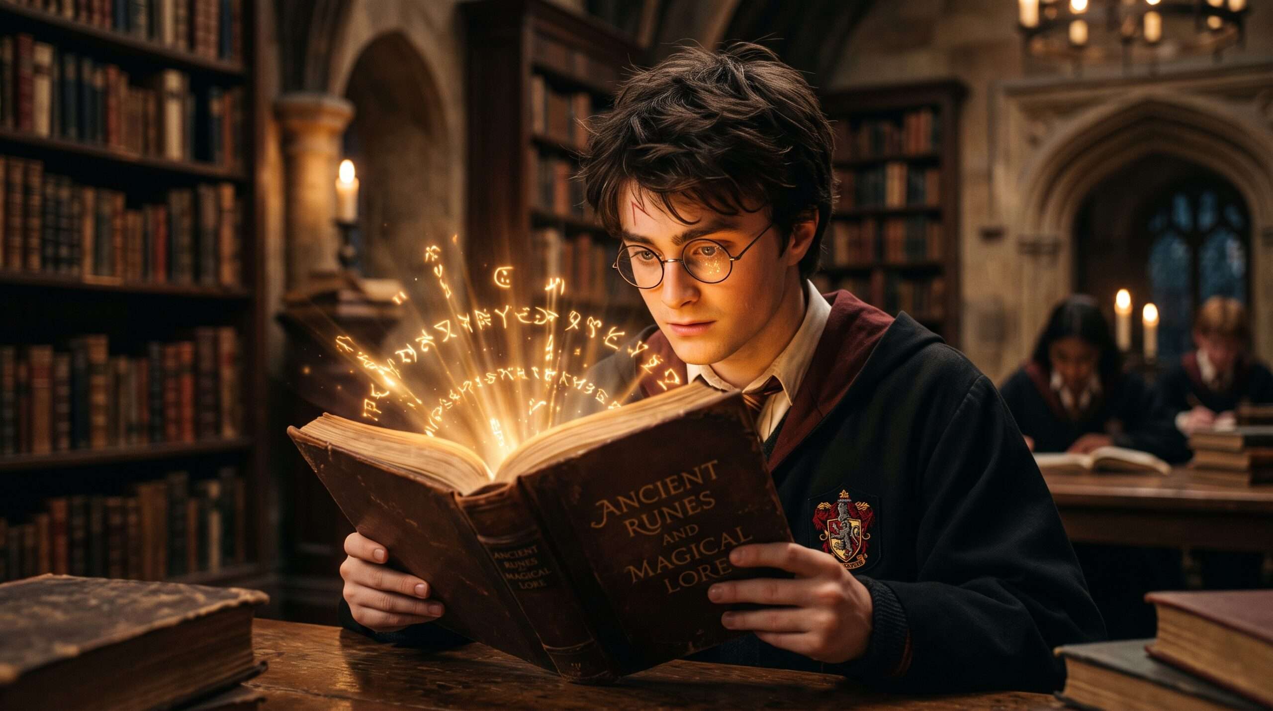 Close-up of Harry Potter reading a magical book, illustrating the intense internal focus of Third-Person Limited perspective.