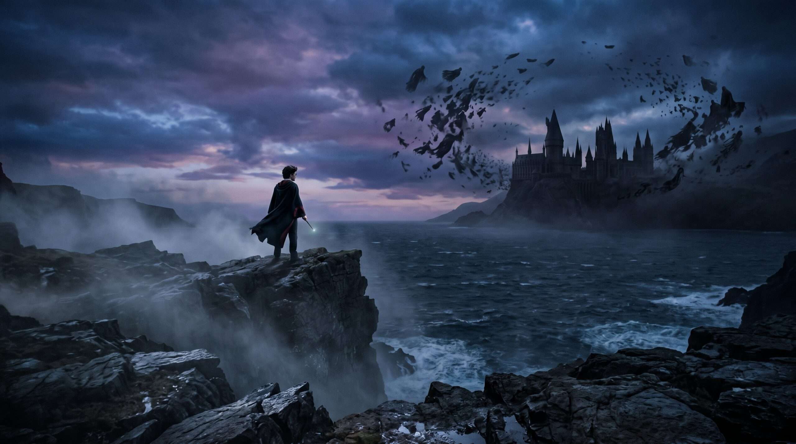 An epic wide-angle view of Harry Potter observing a distant Hogwarts under siege by Dementors, highlighting the sweeping scope possible in Third-Person narrative.