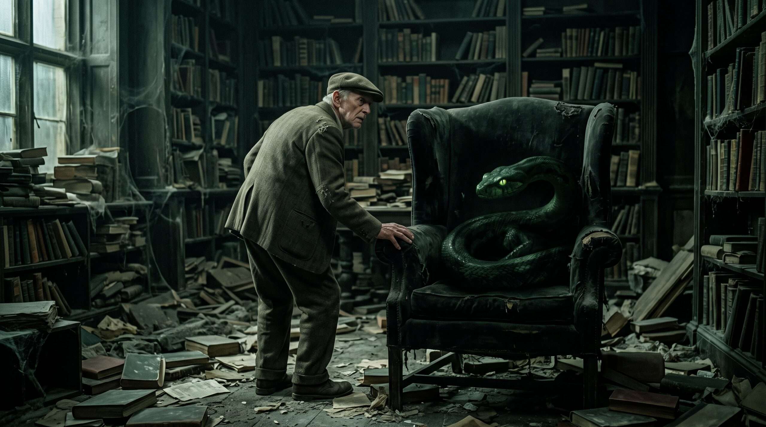 Cinematic scene from the Riddle House showing Frank Bryce observing Nagini, illustrating a point of view shift to create dramatic irony.