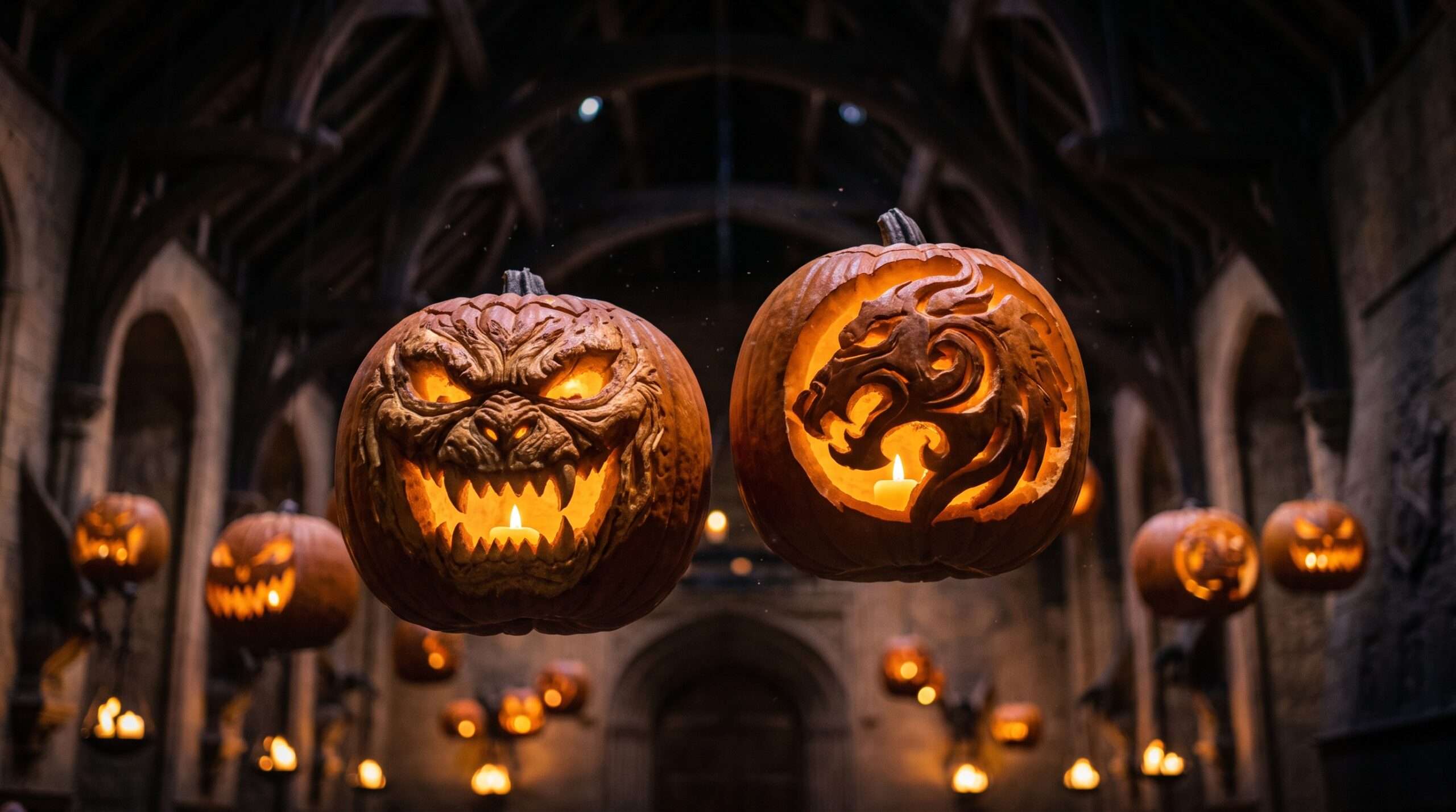 Close-up photograph of unique, hand-carved floating pumpkins glowing in the Great Hall at Warner Bros Studio Tour for the Harry Potter Dark Arts.