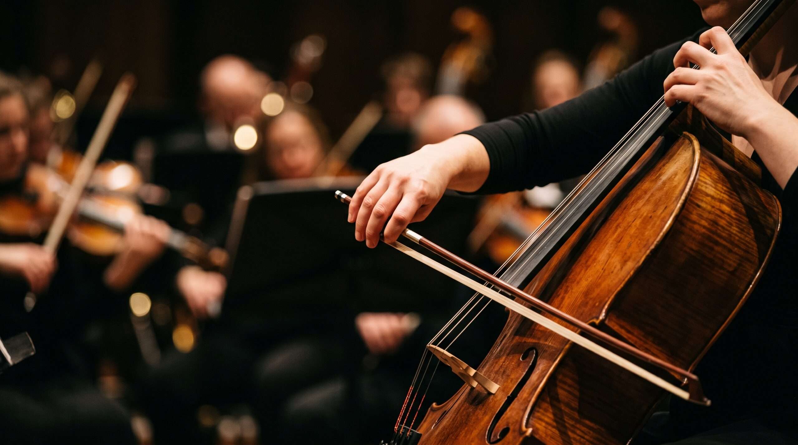 Close-up of a symphony musician’s hands intensely playing a cello on a dimly lit stage.