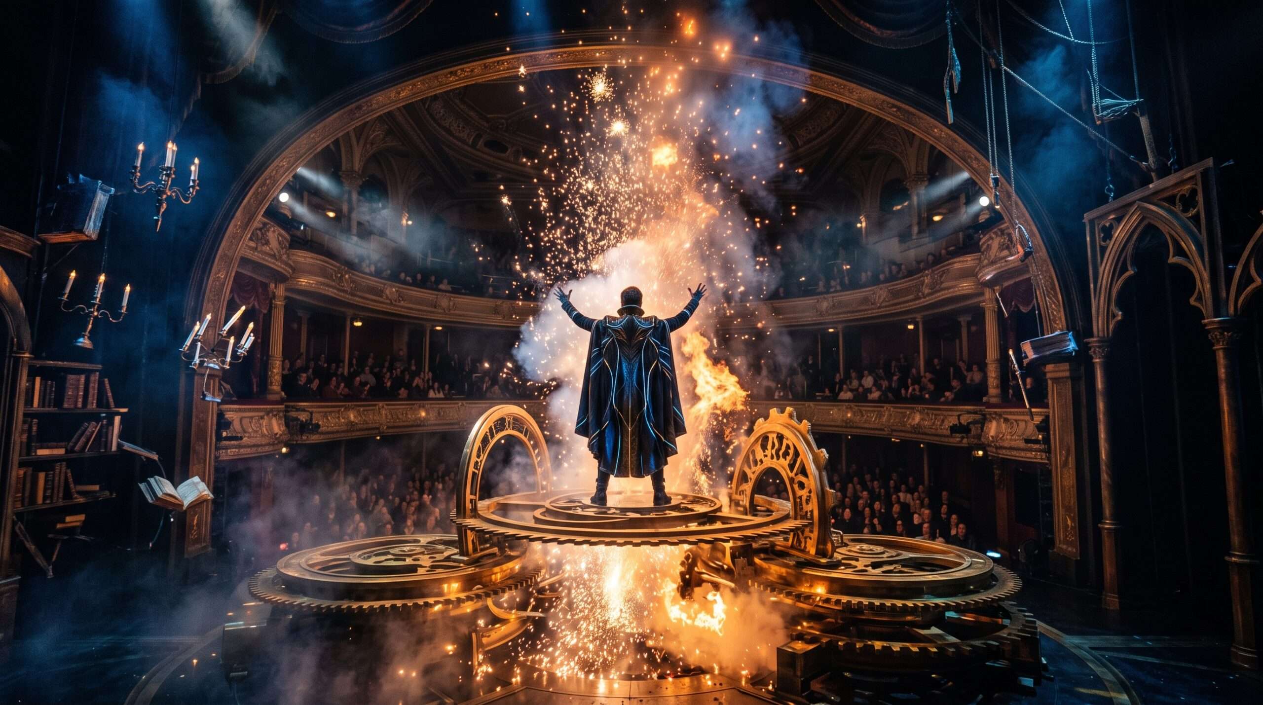 Impressive stage magic and pyrotechnic effects on the Broadway set of Harry Potter and the Cursed Child.