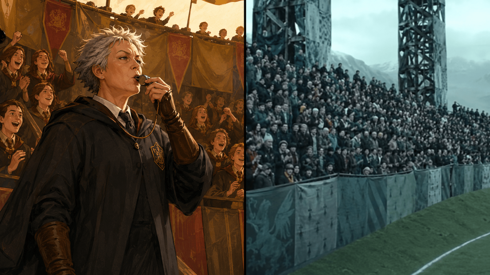 A visual comparison between Madam Hooch’s presence in the Harry Potter books versus her absence in the later movies.