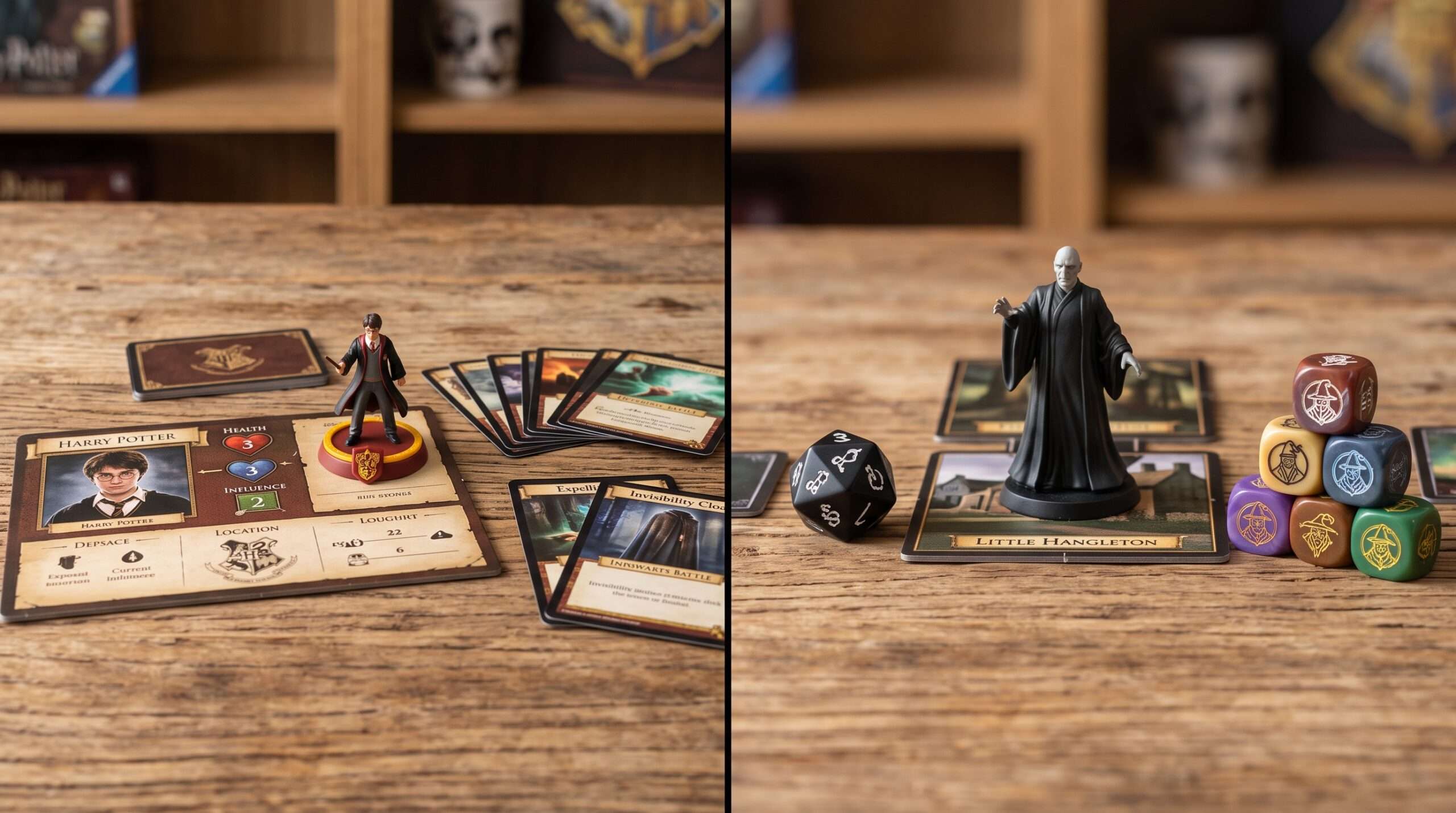 A visual comparison of Harry Potter Hogwarts Battle and Death Eaters Rising board game components.