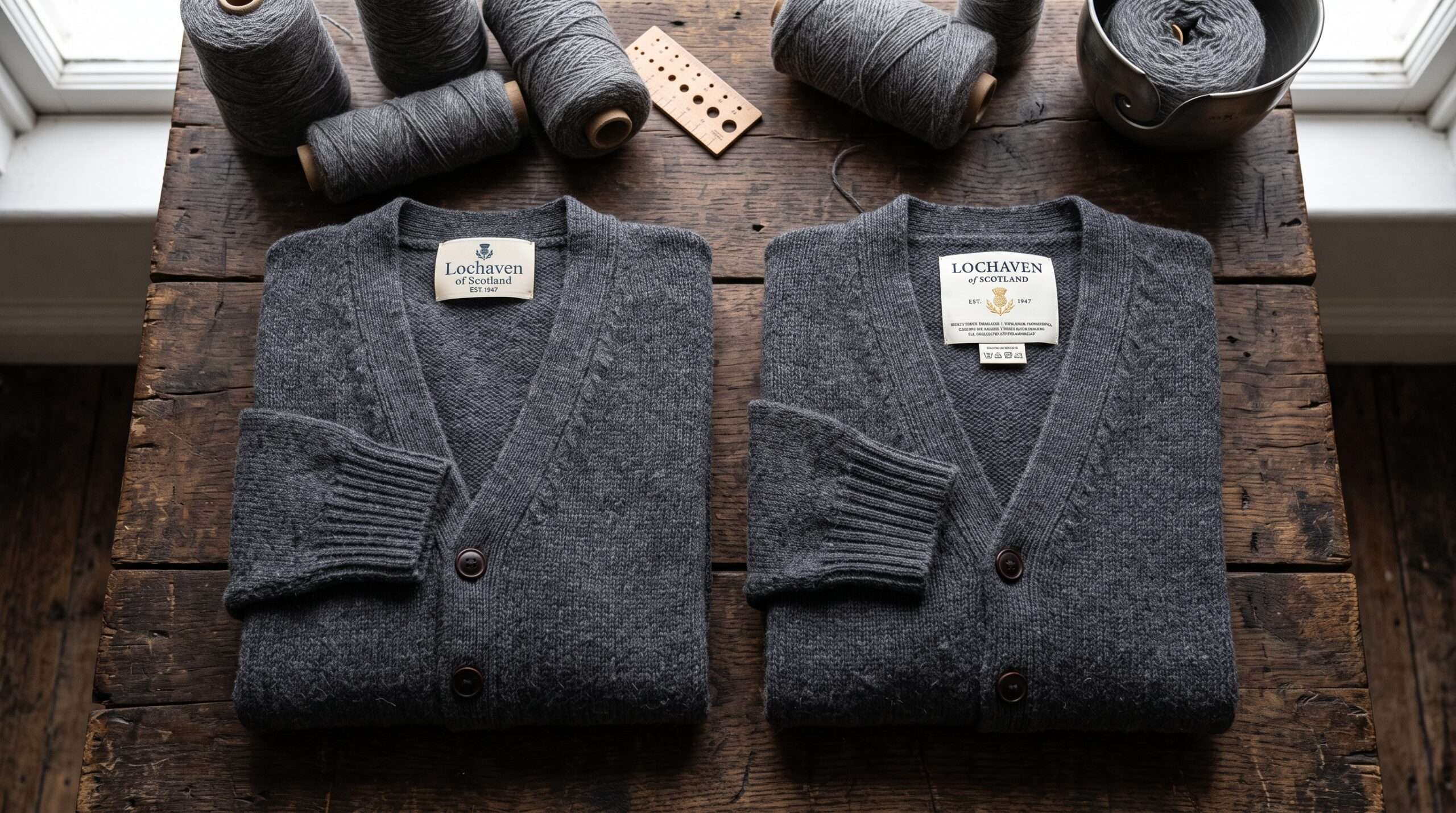 A comparison flat-lay showing the woven labels of a screen-accurate "Movie Original" Lochaven cardigan and a licensed Harry Potter sweater on rustic wood.