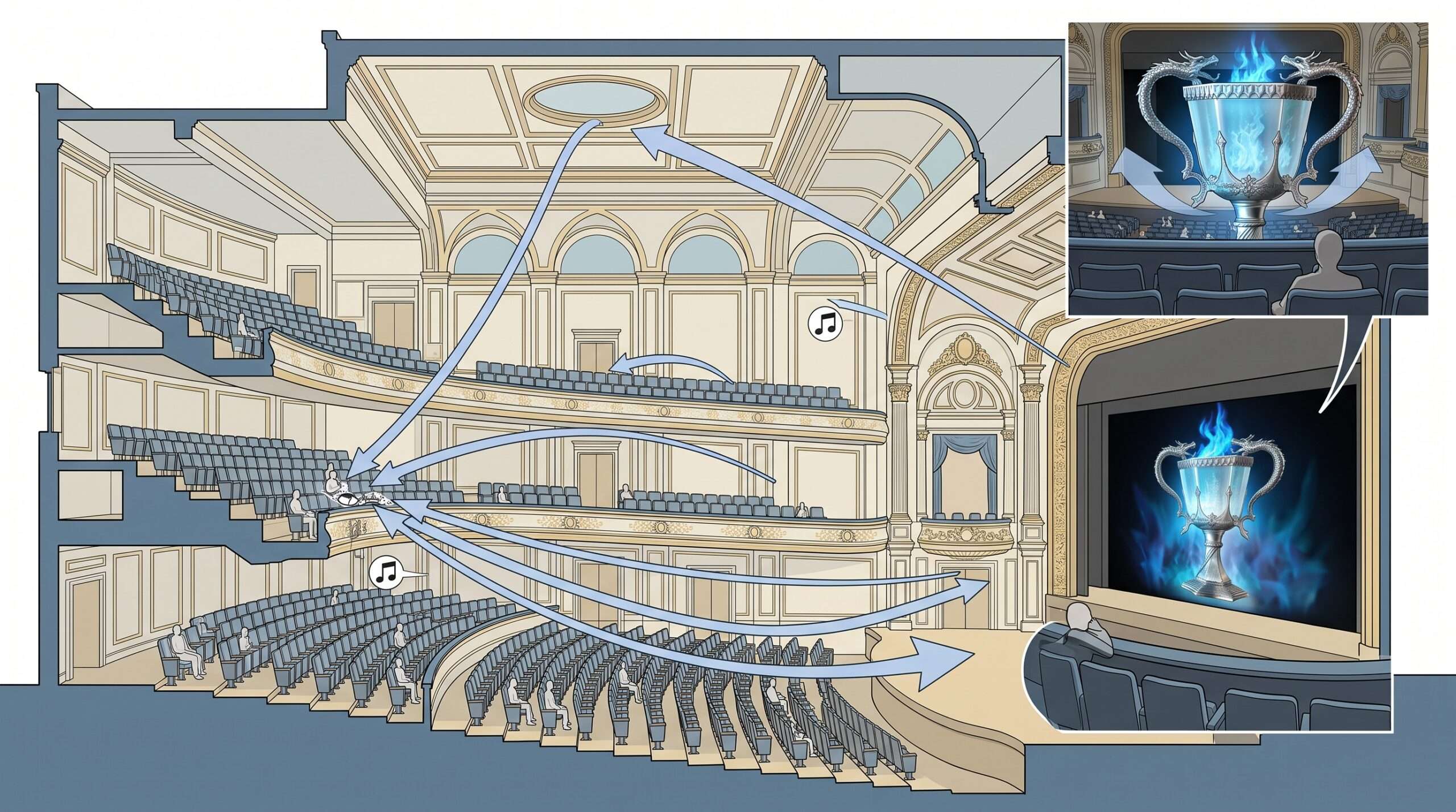 An illustrated guide visualizing a concert hall and the best seating strategy for ideal sound and view during the Harry Potter concert series.
