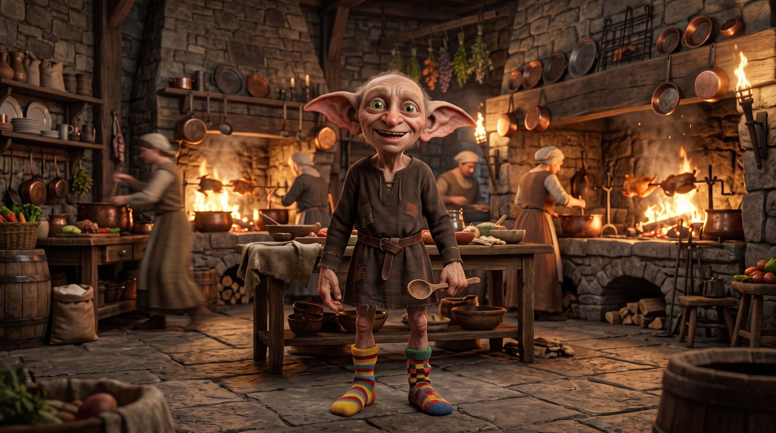A happy magical house-elf proudly wearing brightly colored mismatched socks in a warm medieval stone kitchen.