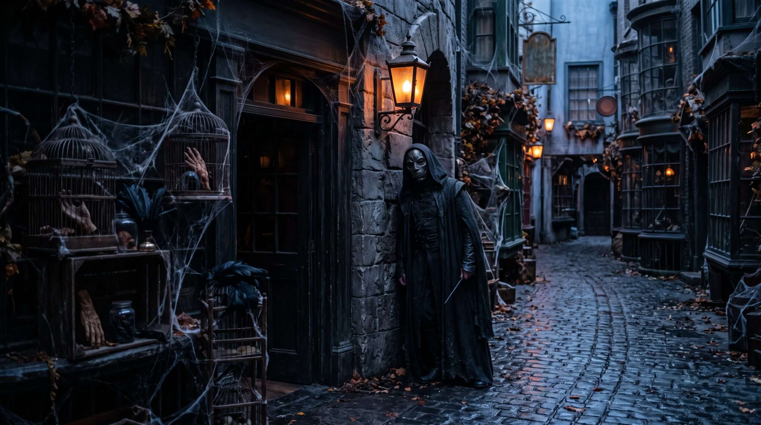Atmospheric photograph of a dark, transformed Diagon Alley with a hidden Death Eater and cobwebs at Warner Bros Studio Tour for the Dark Arts event.