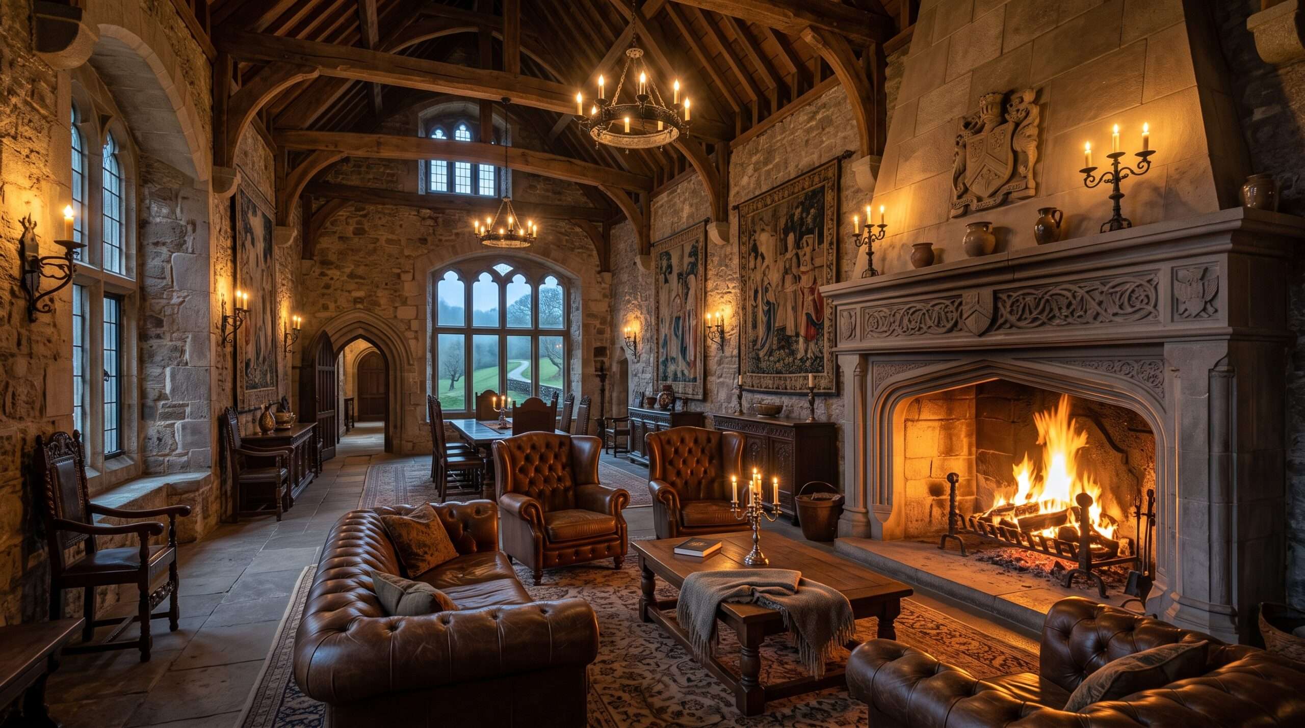 Luxury Irish castle hotel interior Gryffindor common room atmosphere.