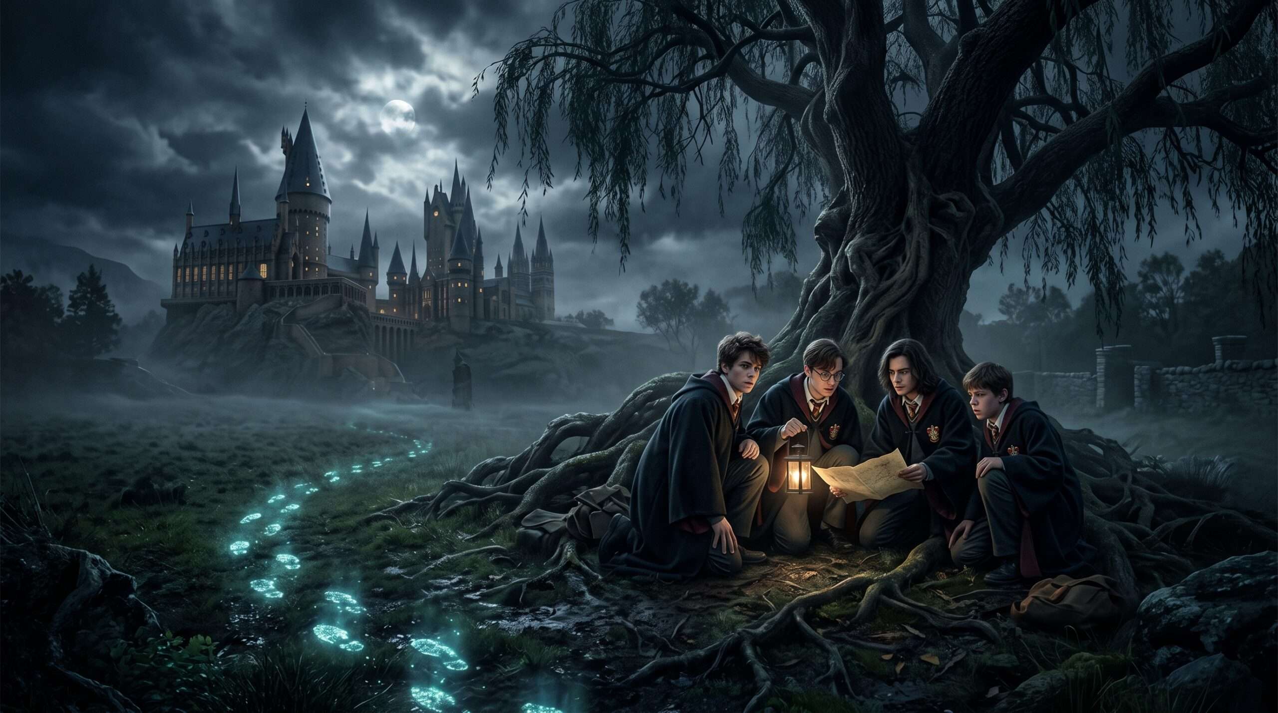 Four teenage wizards gathering secretly near a large twisted tree at night representing the Marauders.