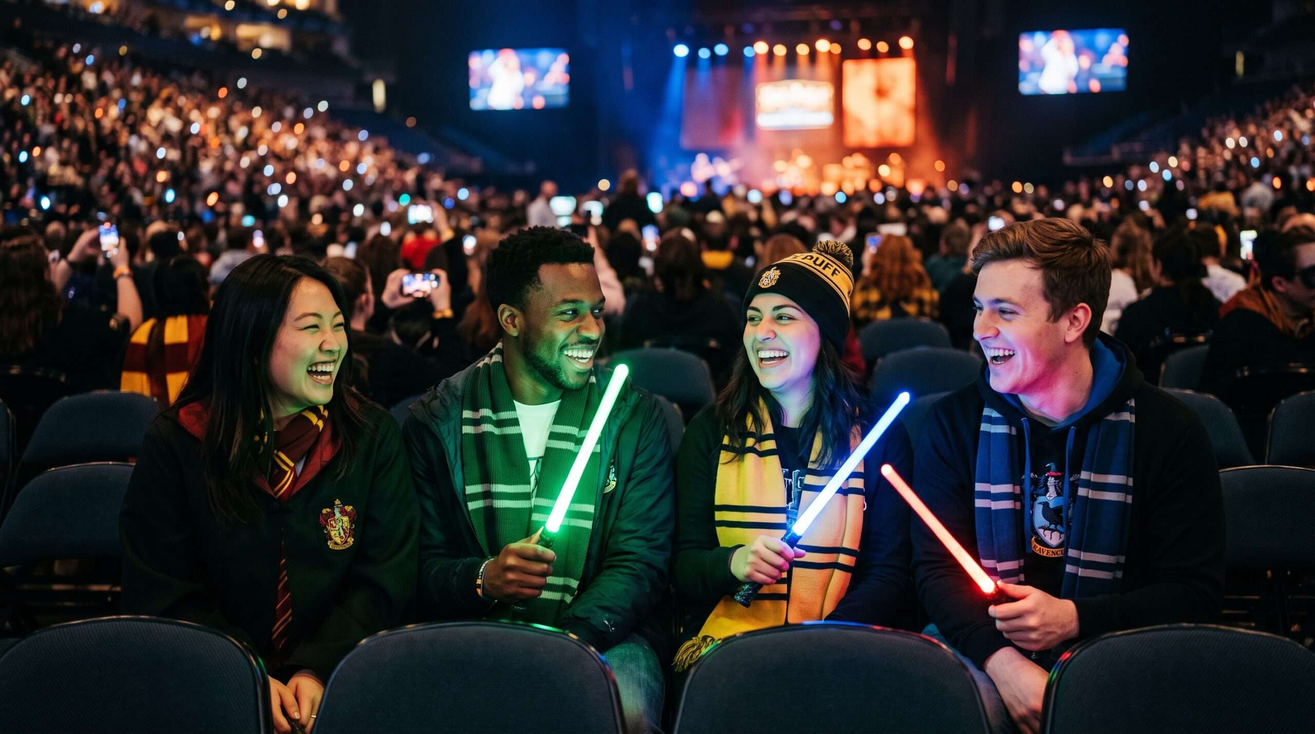 Harry Potter fans in Hogwarts robes and scarves smiling and holding illuminated wands at a concert hall.