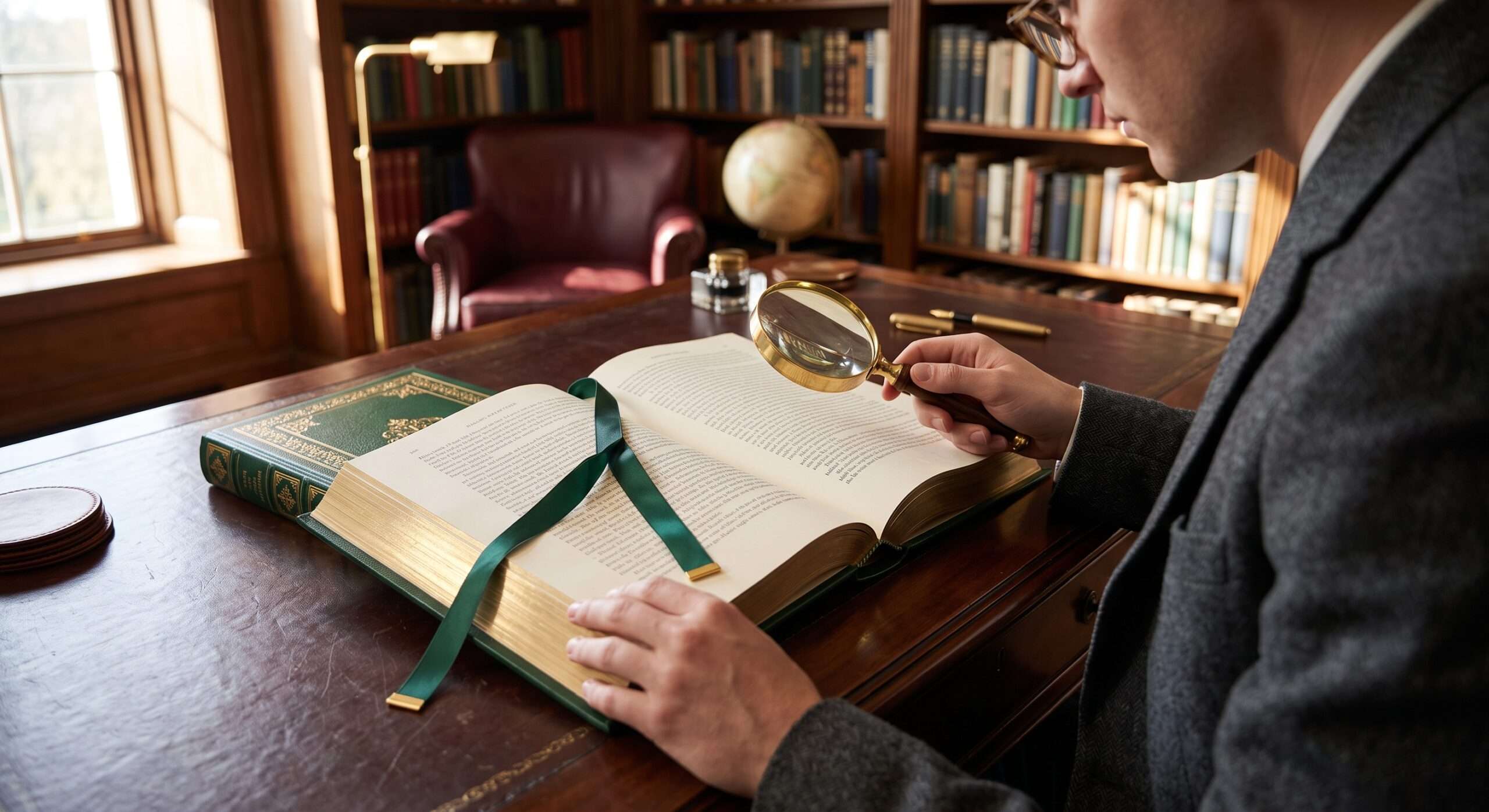 A person holding an open luxury leather-bound Easton Press style Harry Potter companion book on a mahogany desk in a library, using a magnifying glass.