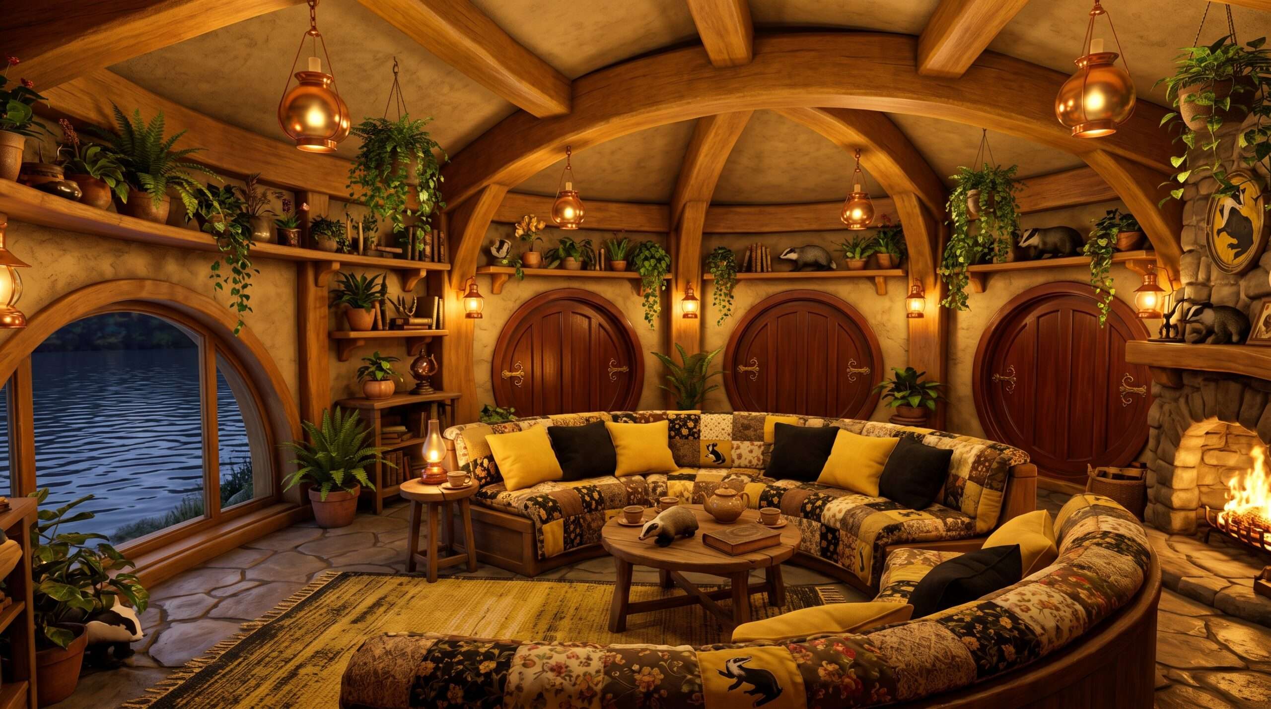A cozy internal view of the Hufflepuff common room at Hogwarts, featuring warm golden light, round doors, and many flourishing green plants.