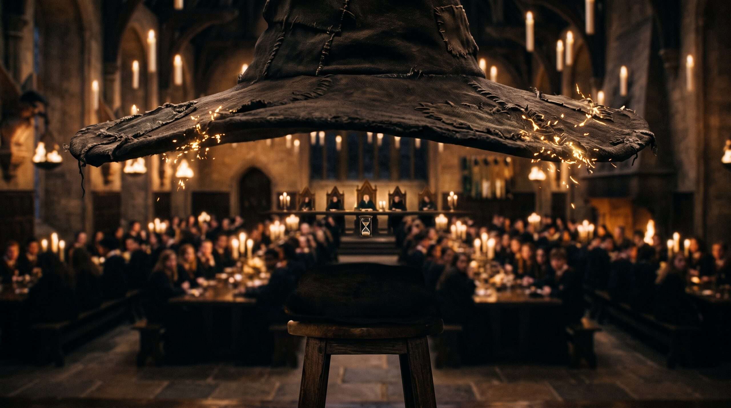 A close-up shot of the Sorting Hat on a student's head in the Great Hall, deep in thought with magical sparks flying, capturing the tension of a Hatstall moment.