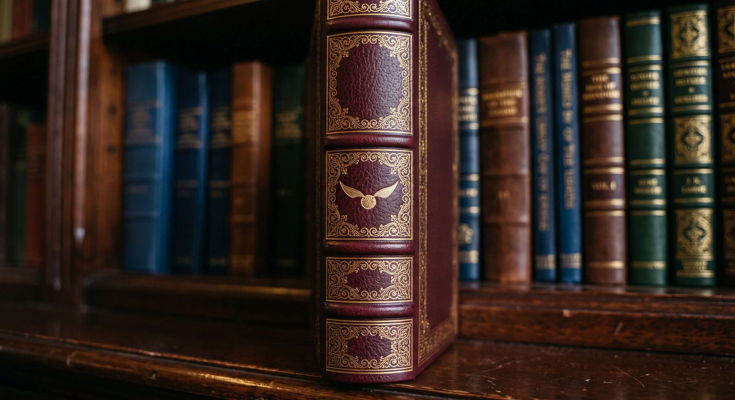 Close-up of a luxury Easton Press style leather-bound book spine with gold stamping, hubbed ridges, and a winged snitch emblem in a library.