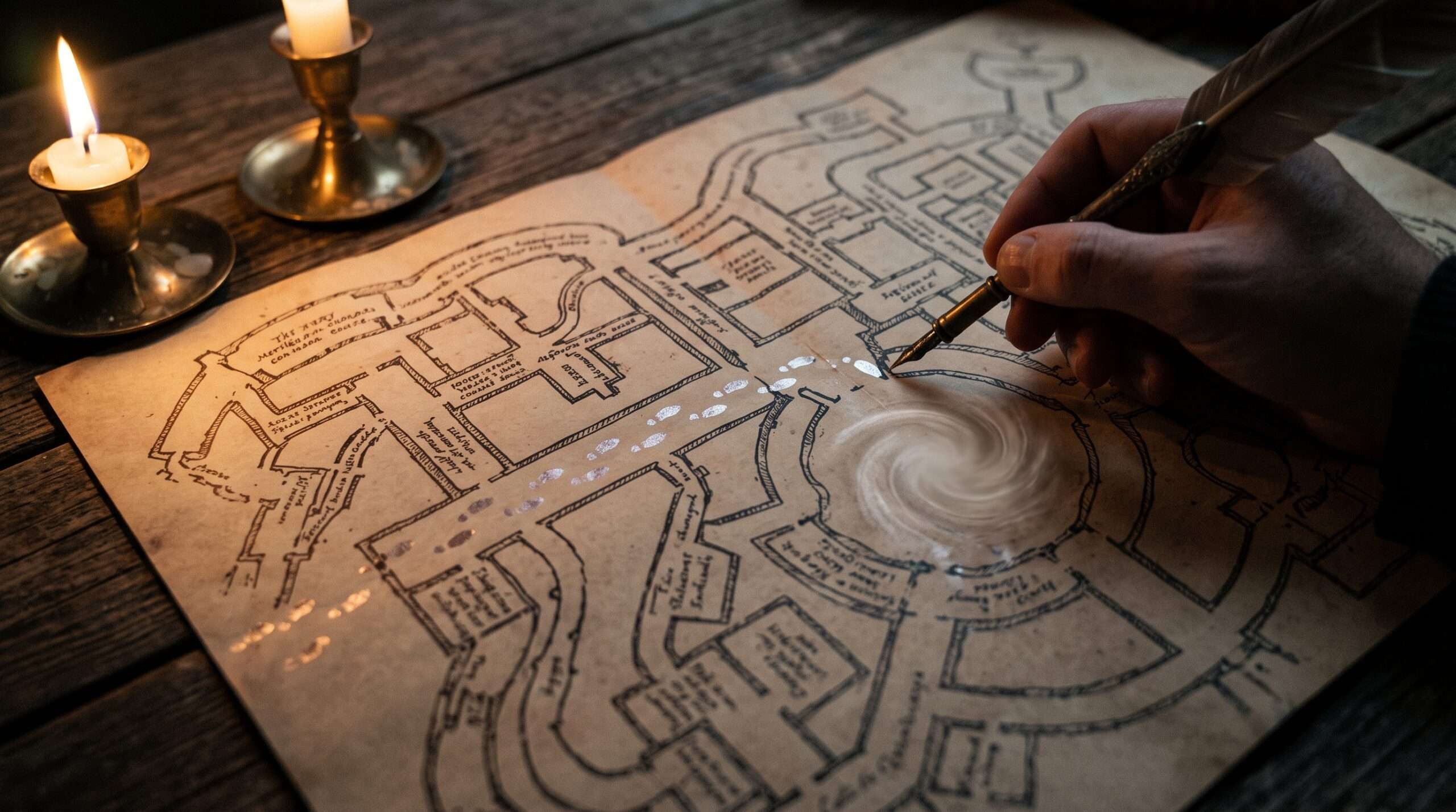 A detailed close-up of the Marauder's Map on a table, showing active inked footprints stopping abruptly at a shimmering, unplottable vortex where the Room of Requirement is hidden.