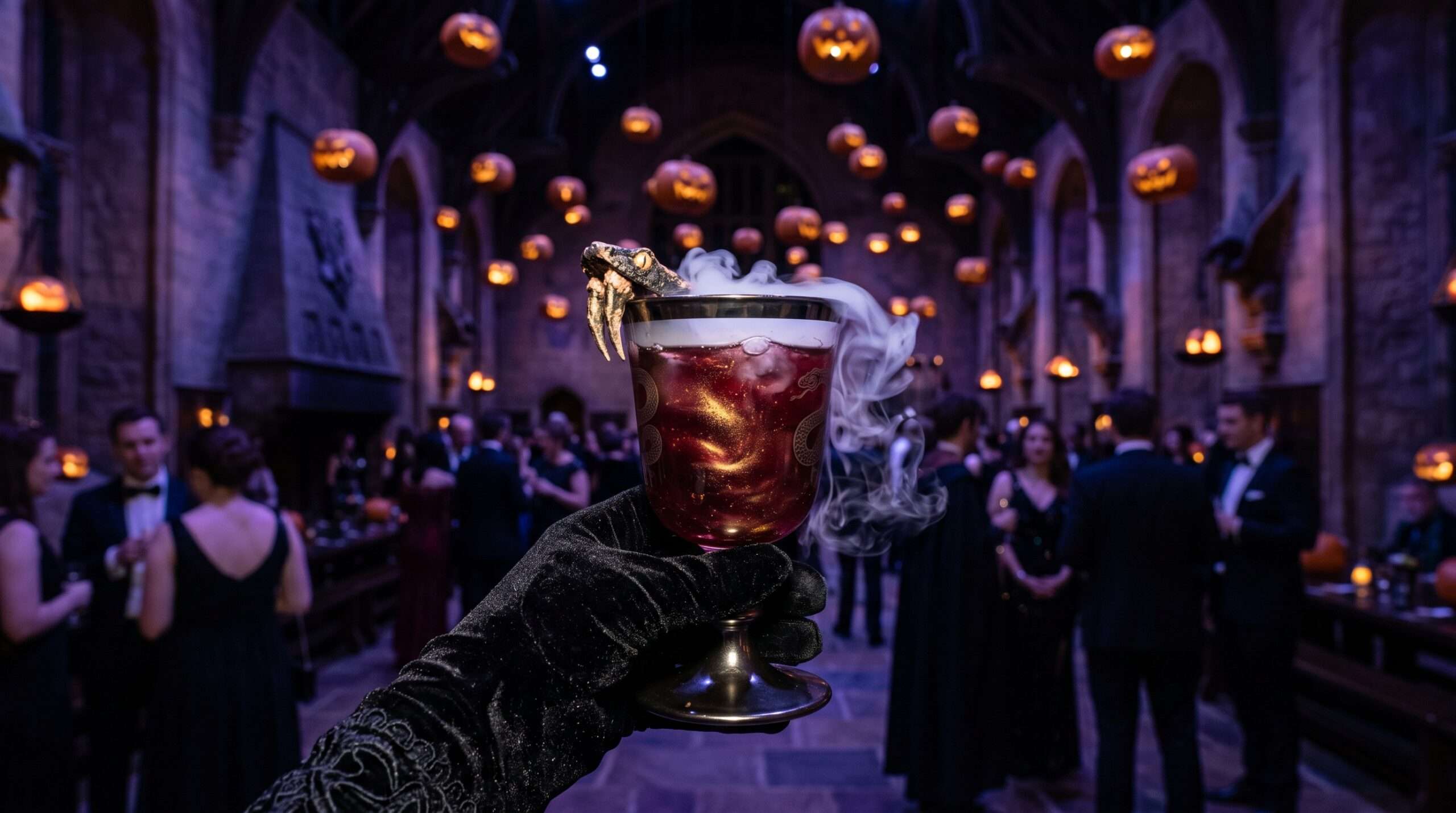Luxury close-up photograph of a sophisticated themed canapé with dry ice smoke being served at the exclusive NOX after-hours event at Warner Bros Studio Tour.