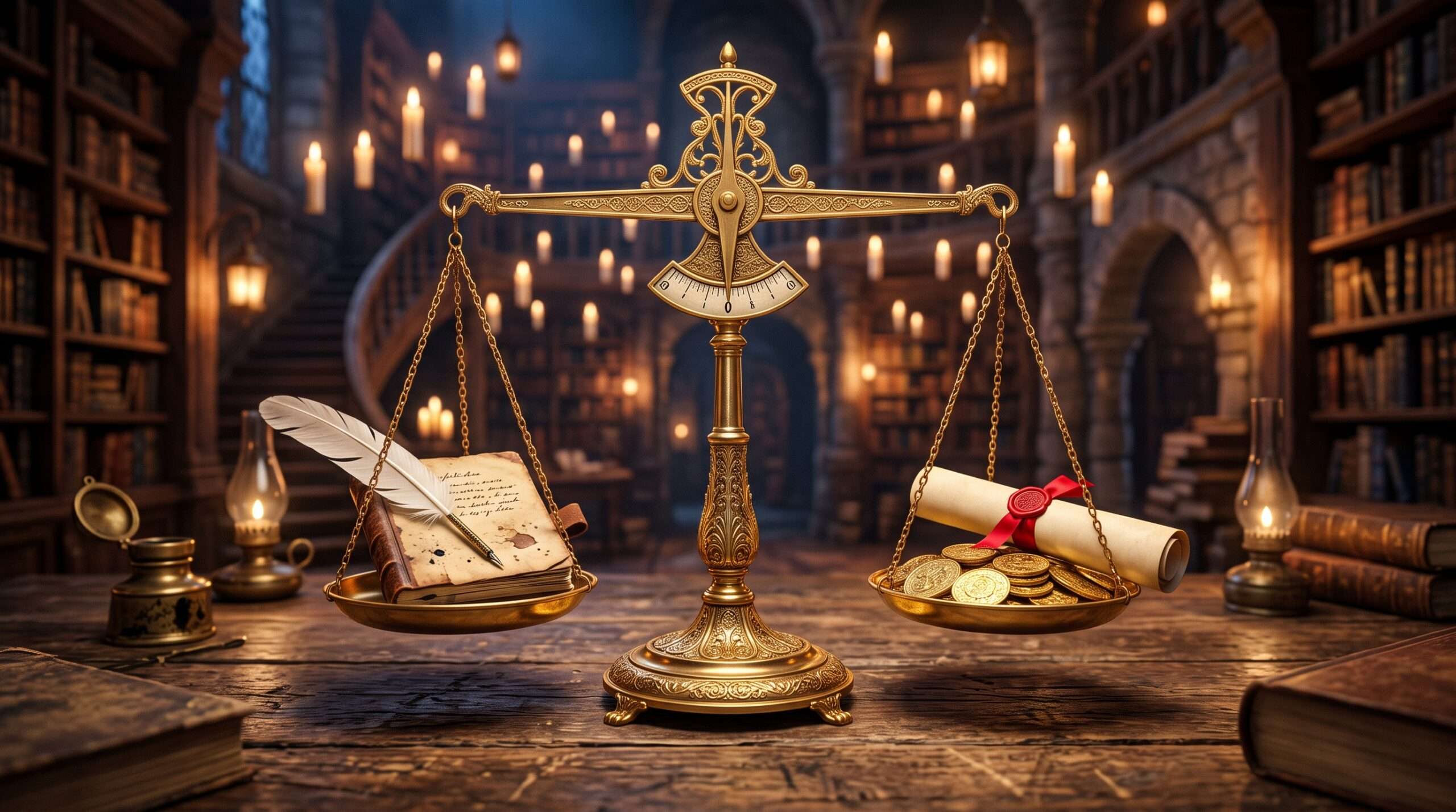 A golden balance scale comparing a writing quill to college funding to represent how character-based fandom scholarships work.