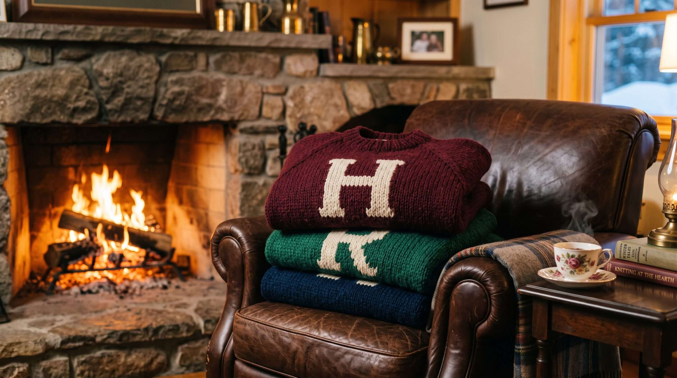 A cozy stack of hand-knit style lambswool Mrs. Weasley alphabet sweaters (H and R) resting by a flickering stone fireplace.